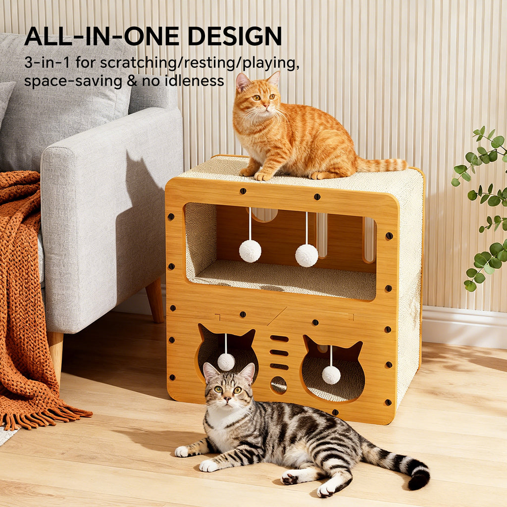 Cat Beds for Indoor Cats，Wooden Cat Scratcher House & Cardboard Condos，Covered Bedsure Kitten Bed Cave Furniture，Cute Playhouse Box，Large Size，Suitable for Cats up to 15 lbs