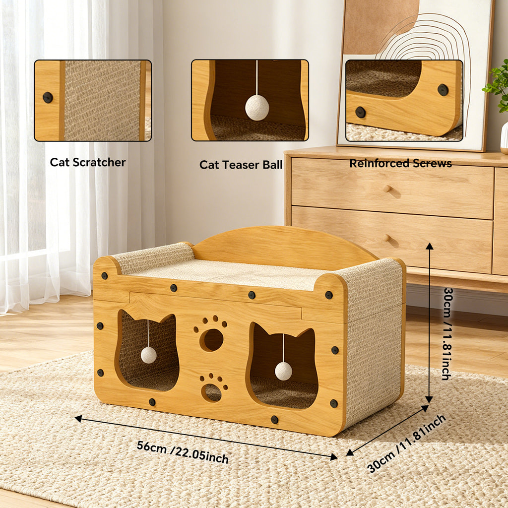 Durable Cat House Box with Scratching Bed, 3-in-1 Cat Play House with Hideout Caves and Hanging Ball Toys