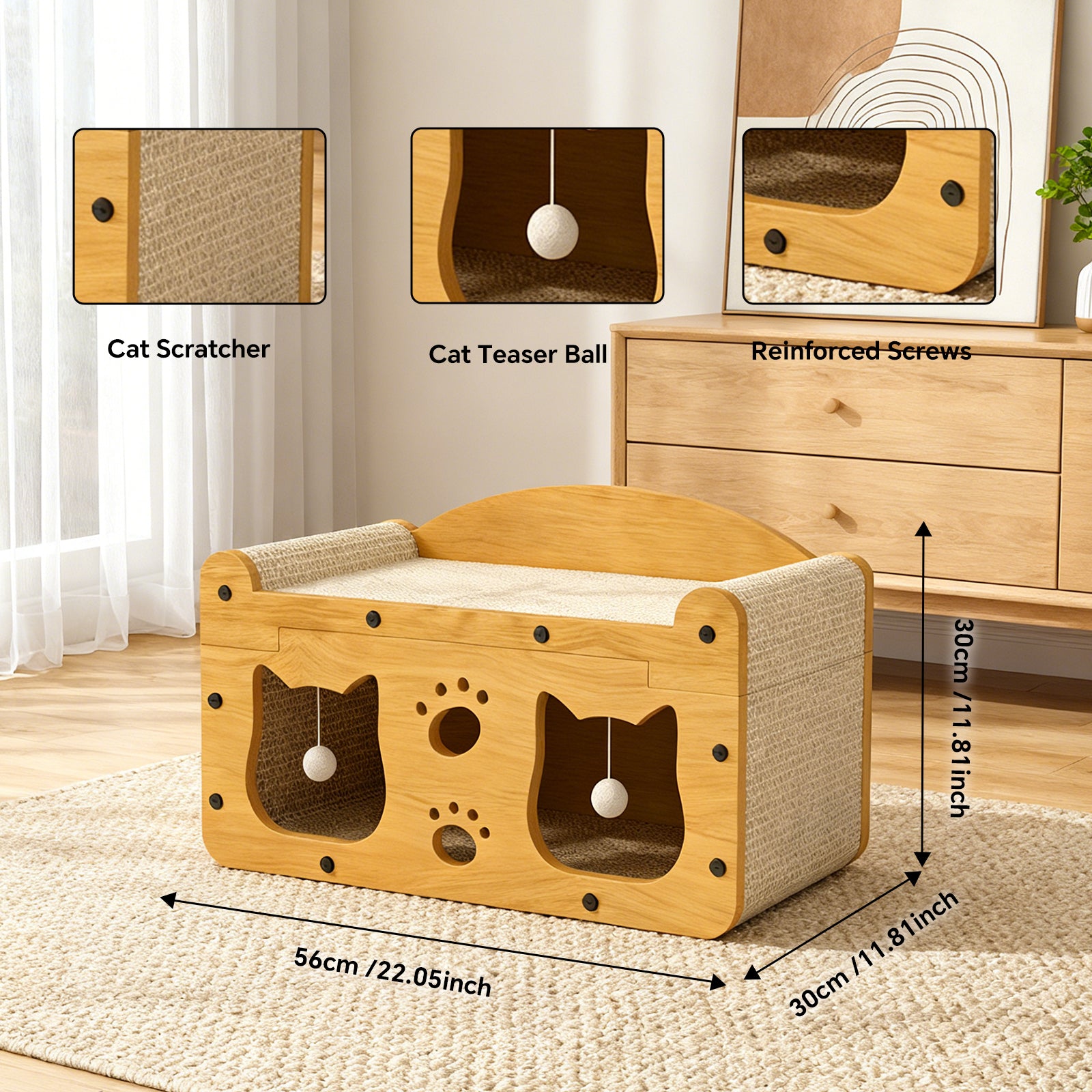 Durable Cat House Box with Scratching Bed, 3-in-1 Cat Play House with Hideout Caves and Hanging Ball Toys