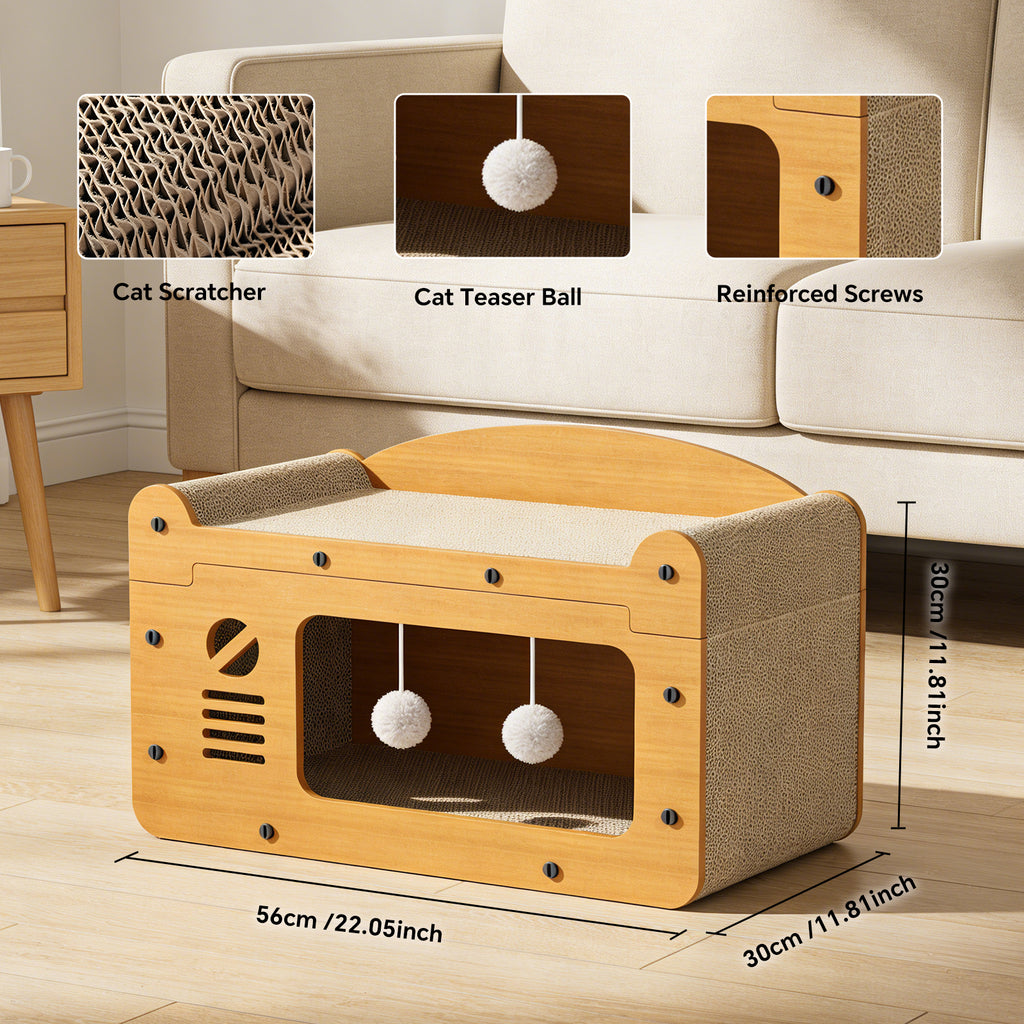 Cat Scratcher House, 2-in-1 Cat Bed and Cave with Hanging Ball Toys, Wooden Scratching Board for Indoor Cats, Scratch-Resistant Hideaway Furniture for Kittens and Adult Cats