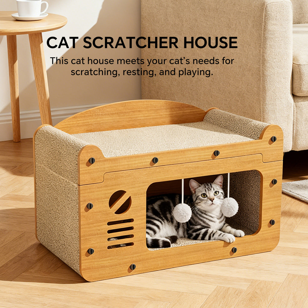 Cat Scratcher House, 2-in-1 Cat Bed and Cave with Hanging Ball Toys, Wooden Scratching Board for Indoor Cats, Scratch-Resistant Hideaway Furniture for Kittens and Adult Cats