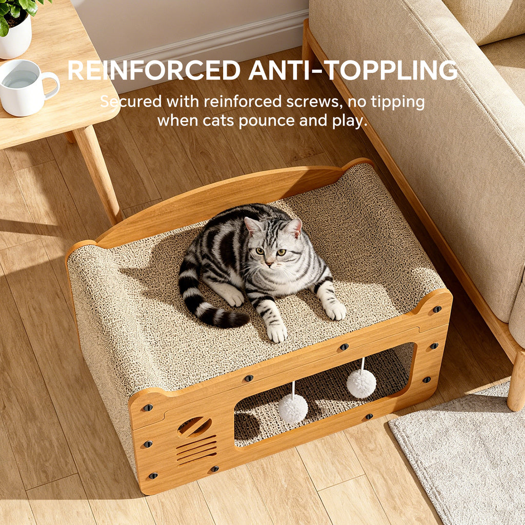Cat Scratcher House, 2-in-1 Cat Bed and Cave with Hanging Ball Toys, Wooden Scratching Board for Indoor Cats, Scratch-Resistant Hideaway Furniture for Kittens and Adult Cats