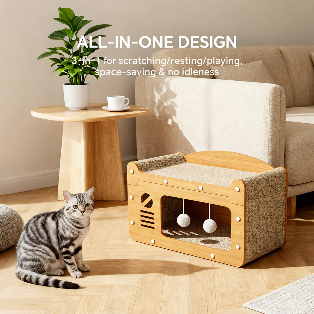 Cat Scratcher House, 2-in-1 Cat Bed and Cave with Hanging Ball Toys, Wooden Scratching Board for Indoor Cats, Scratch-Resistant Hideaway Furniture for Kittens and Adult Cats