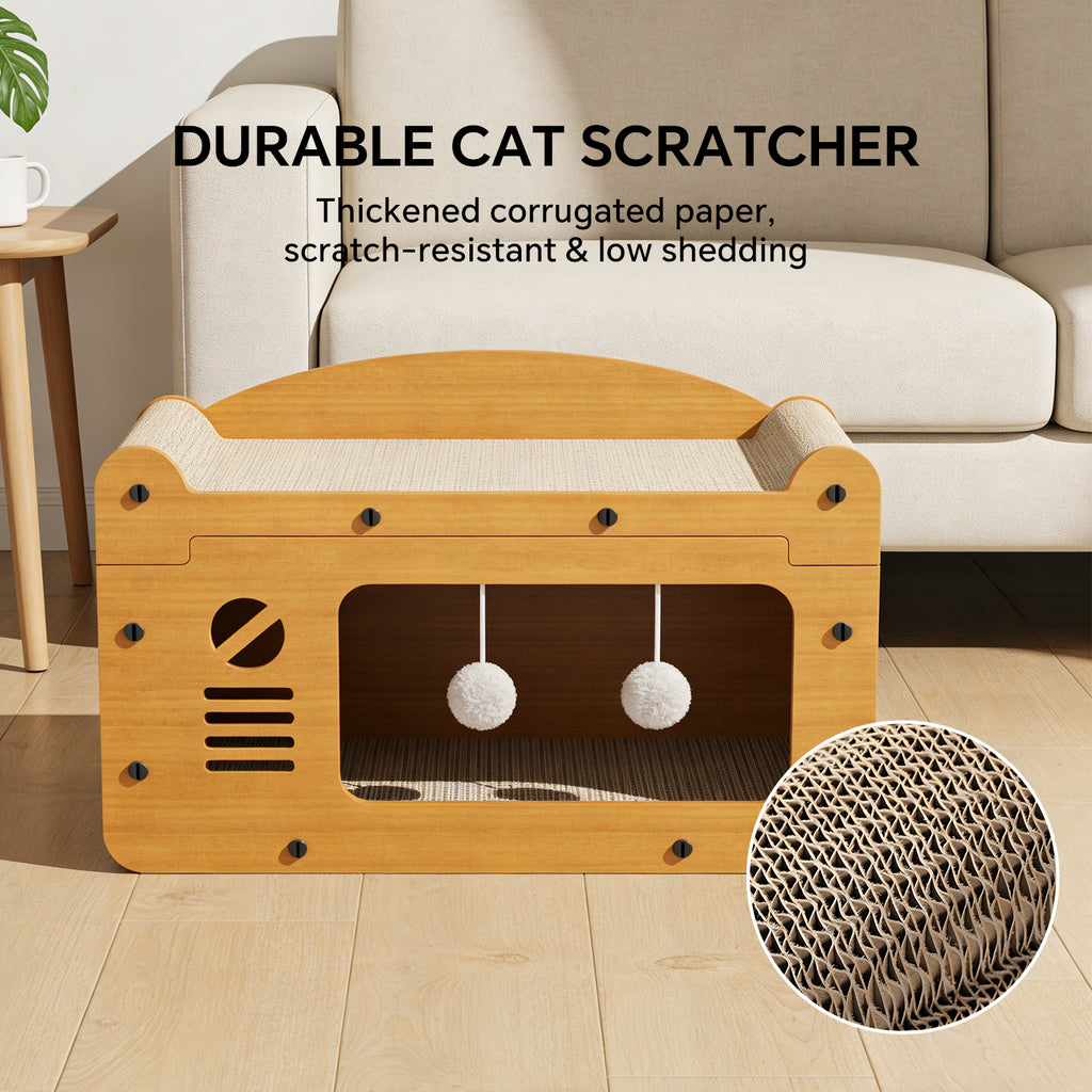 Cat Scratcher House, 2-in-1 Cat Bed and Cave with Hanging Ball Toys, Wooden Scratching Board for Indoor Cats, Scratch-Resistant Hideaway Furniture for Kittens and Adult Cats