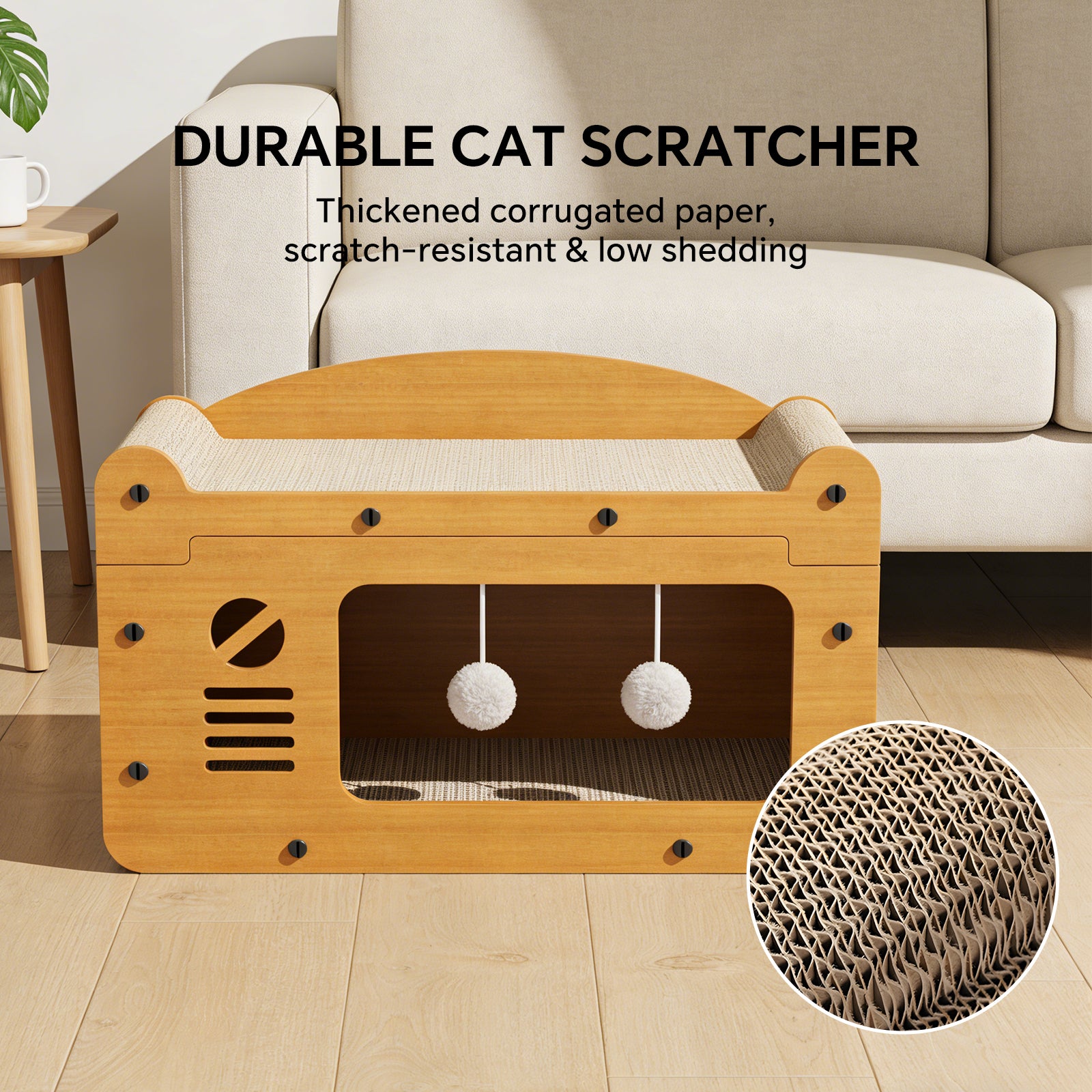 Cat Scratcher House, 2-in-1 Cat Bed and Cave with Hanging Ball Toys, Wooden Scratching Board for Indoor Cats, Scratch-Resistant Hideaway Furniture for Kittens and Adult Cats