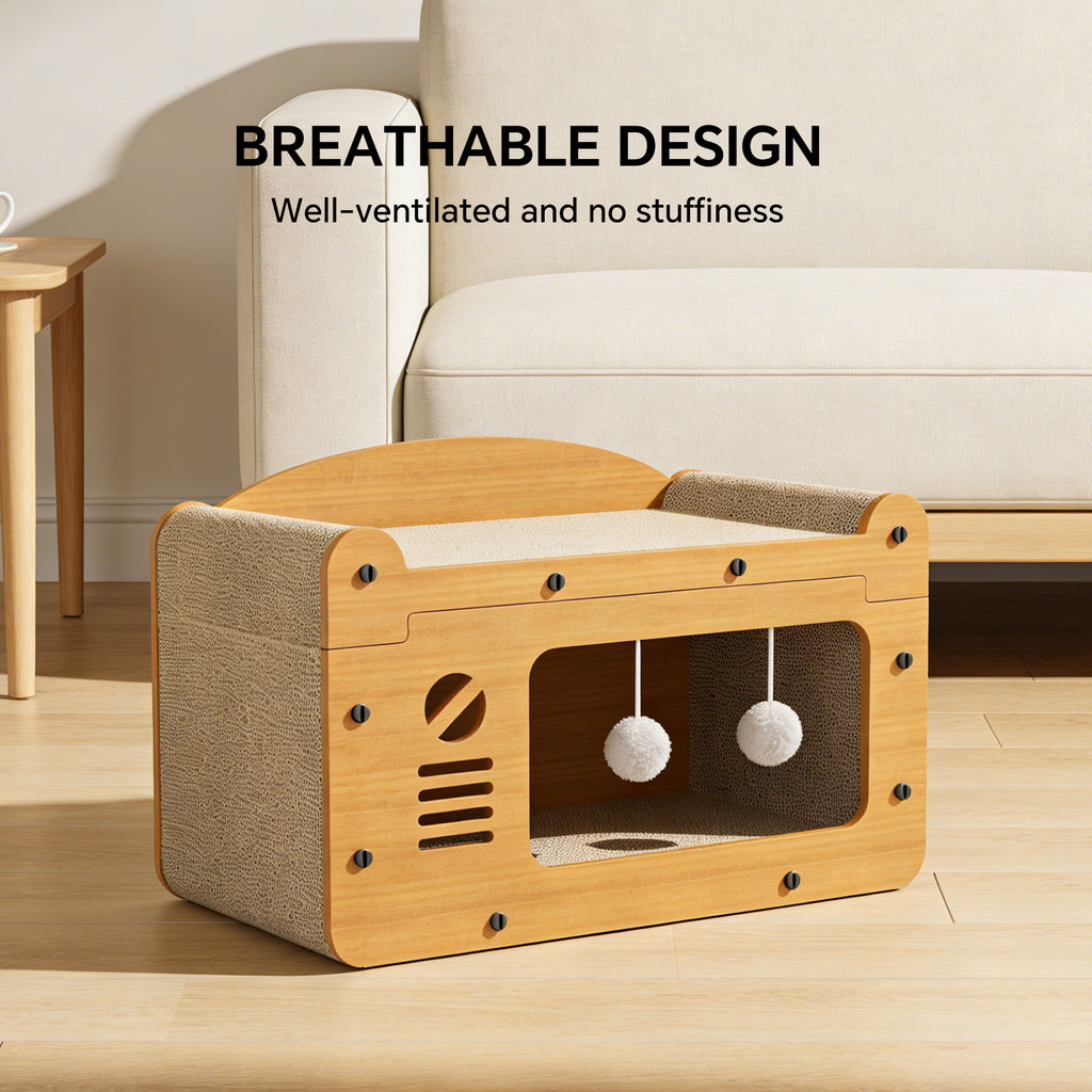 Cat Scratcher House, 2-in-1 Cat Bed and Cave with Hanging Ball Toys, Wooden Scratching Board for Indoor Cats, Scratch-Resistant Hideaway Furniture for Kittens and Adult Cats