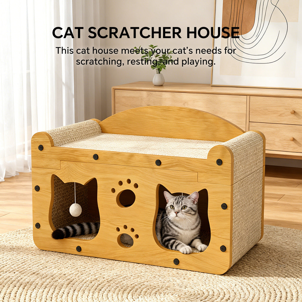 Durable Cat House Box with Scratching Bed, 3-in-1 Cat Play House with Hideout Caves and Hanging Ball Toys