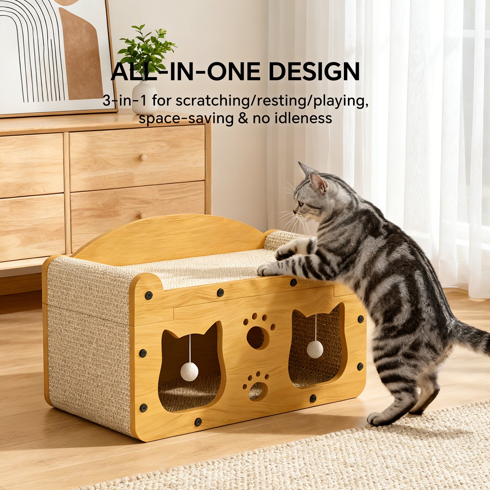 Durable Cat House Box with Scratching Bed, 3-in-1 Cat Play House with Hideout Caves and Hanging Ball Toys