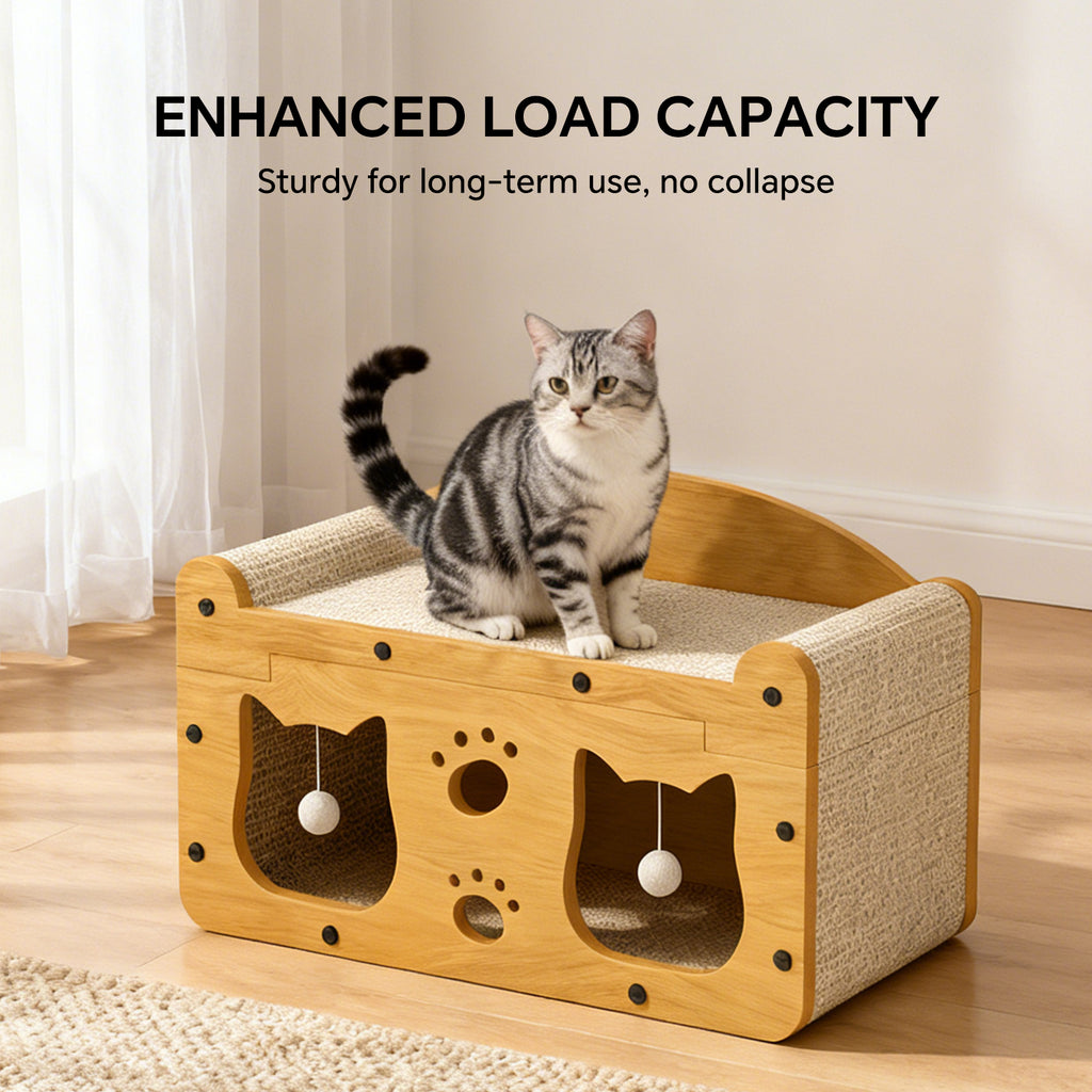 Durable Cat House Box with Scratching Bed, 3-in-1 Cat Play House with Hideout Caves and Hanging Ball Toys