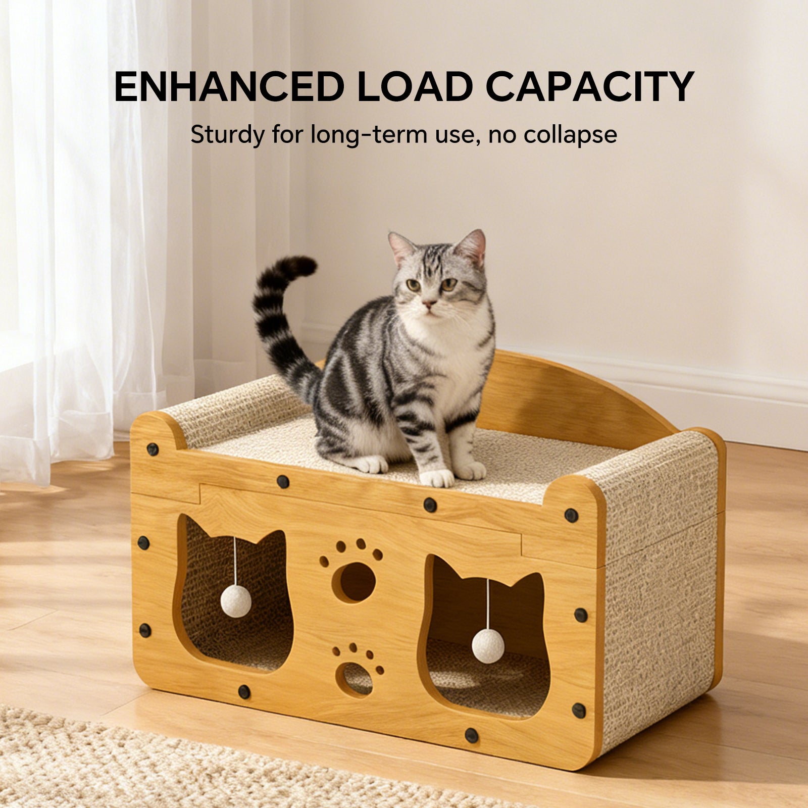 Durable Cat House Box with Scratching Bed, 3-in-1 Cat Play House with Hideout Caves and Hanging Ball Toys