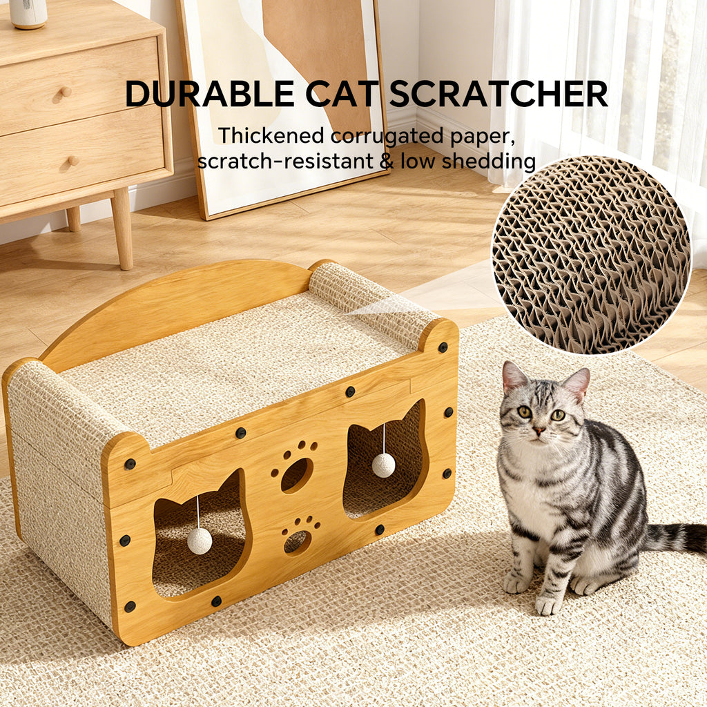Durable Cat House Box with Scratching Bed, 3-in-1 Cat Play House with Hideout Caves and Hanging Ball Toys