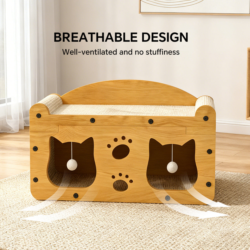 Durable Cat House Box with Scratching Bed, 3-in-1 Cat Play House with Hideout Caves and Hanging Ball Toys