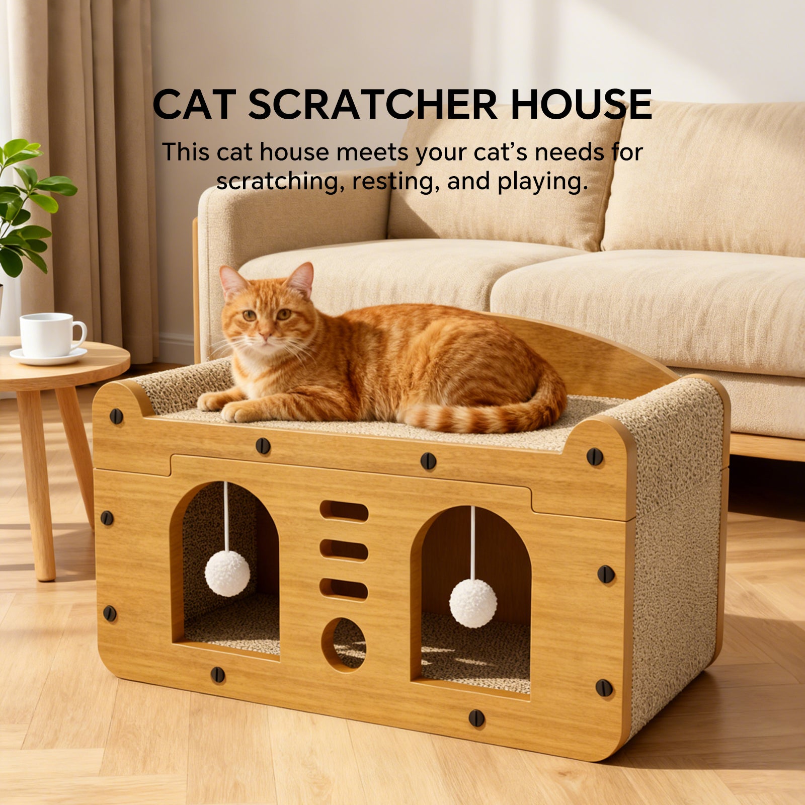 Cat Scratcher House with Bed and Hanging Pom-Pom Toy, Wooden Cat Cave with Corrugated Scratching Board, Sun and Moon Design Cat Hideaway Furniture for Indoor Cats and Kittens