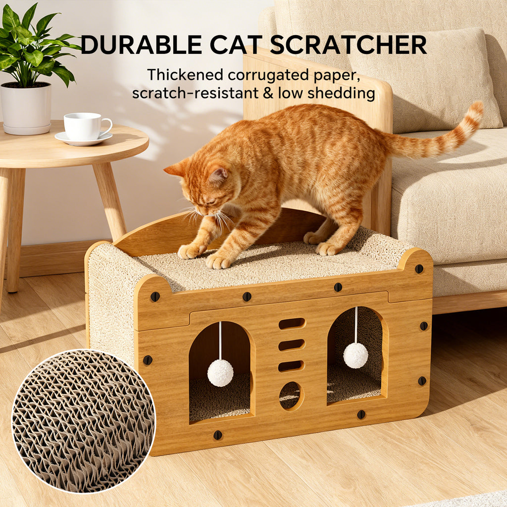 Cat Scratcher House with Bed and Hanging Pom-Pom Toy, Wooden Cat Cave with Corrugated Scratching Board, Sun and Moon Design Cat Hideaway Furniture for Indoor Cats and Kittens