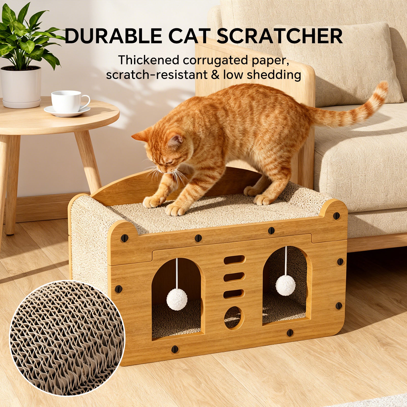 Cat Scratcher House with Bed and Hanging Pom-Pom Toy, Wooden Cat Cave with Corrugated Scratching Board, Sun and Moon Design Cat Hideaway Furniture for Indoor Cats and Kittens