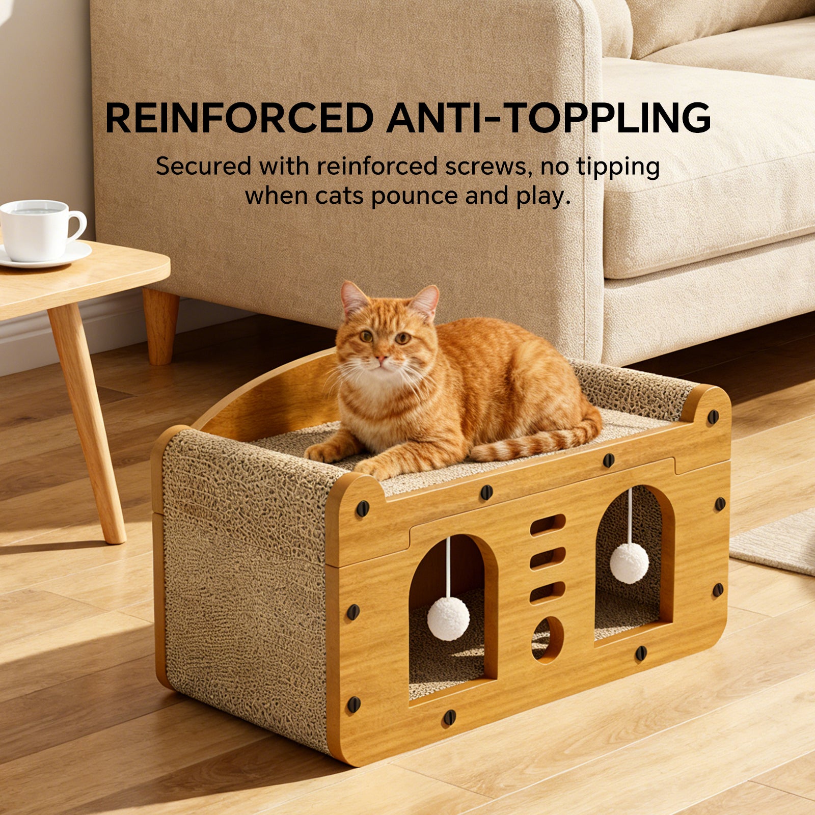 Cat Scratcher House with Bed and Hanging Pom-Pom Toy, Wooden Cat Cave with Corrugated Scratching Board, Sun and Moon Design Cat Hideaway Furniture for Indoor Cats and Kittens