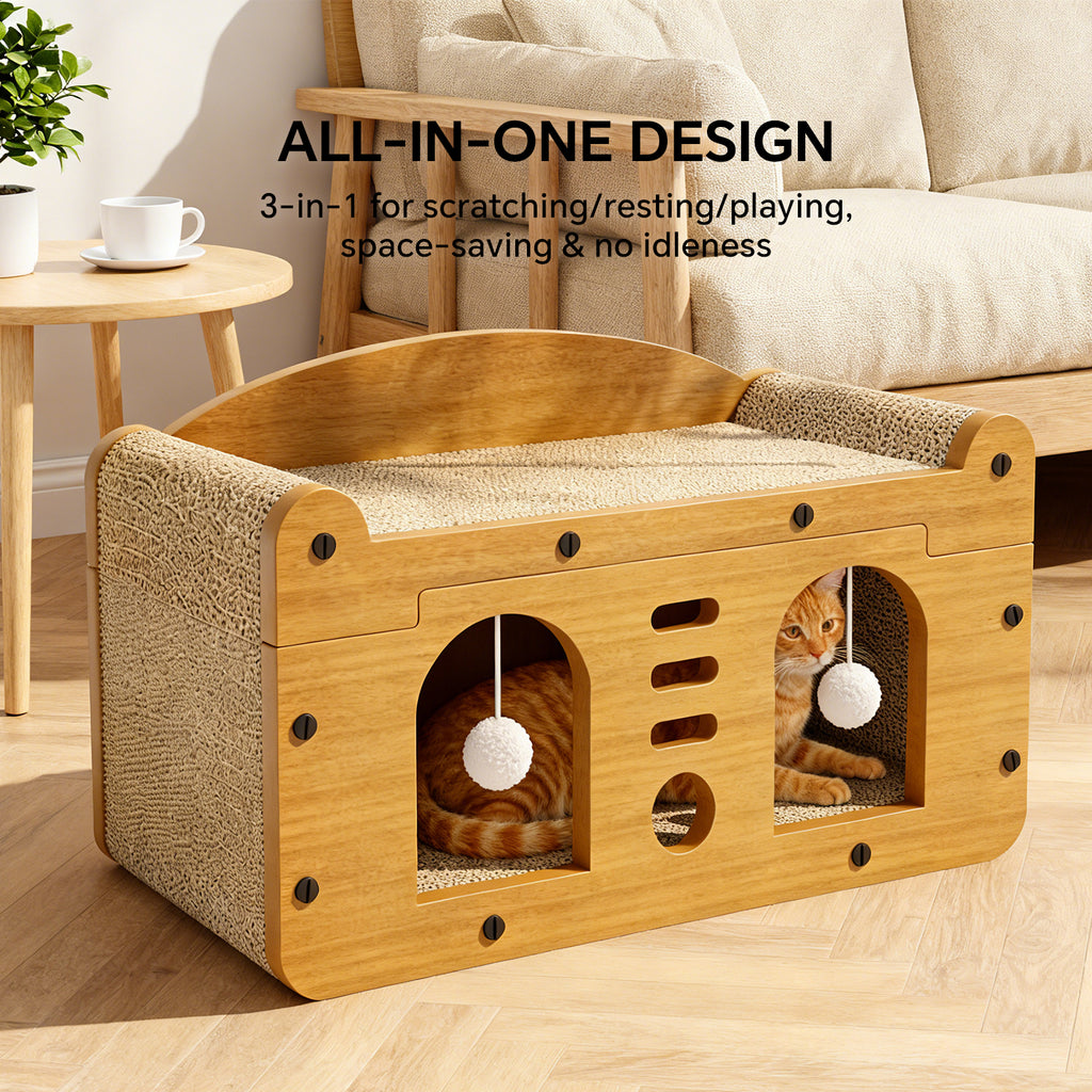 Cat Scratcher House with Bed and Hanging Pom-Pom Toy, Wooden Cat Cave with Corrugated Scratching Board, Sun and Moon Design Cat Hideaway Furniture for Indoor Cats and Kittens