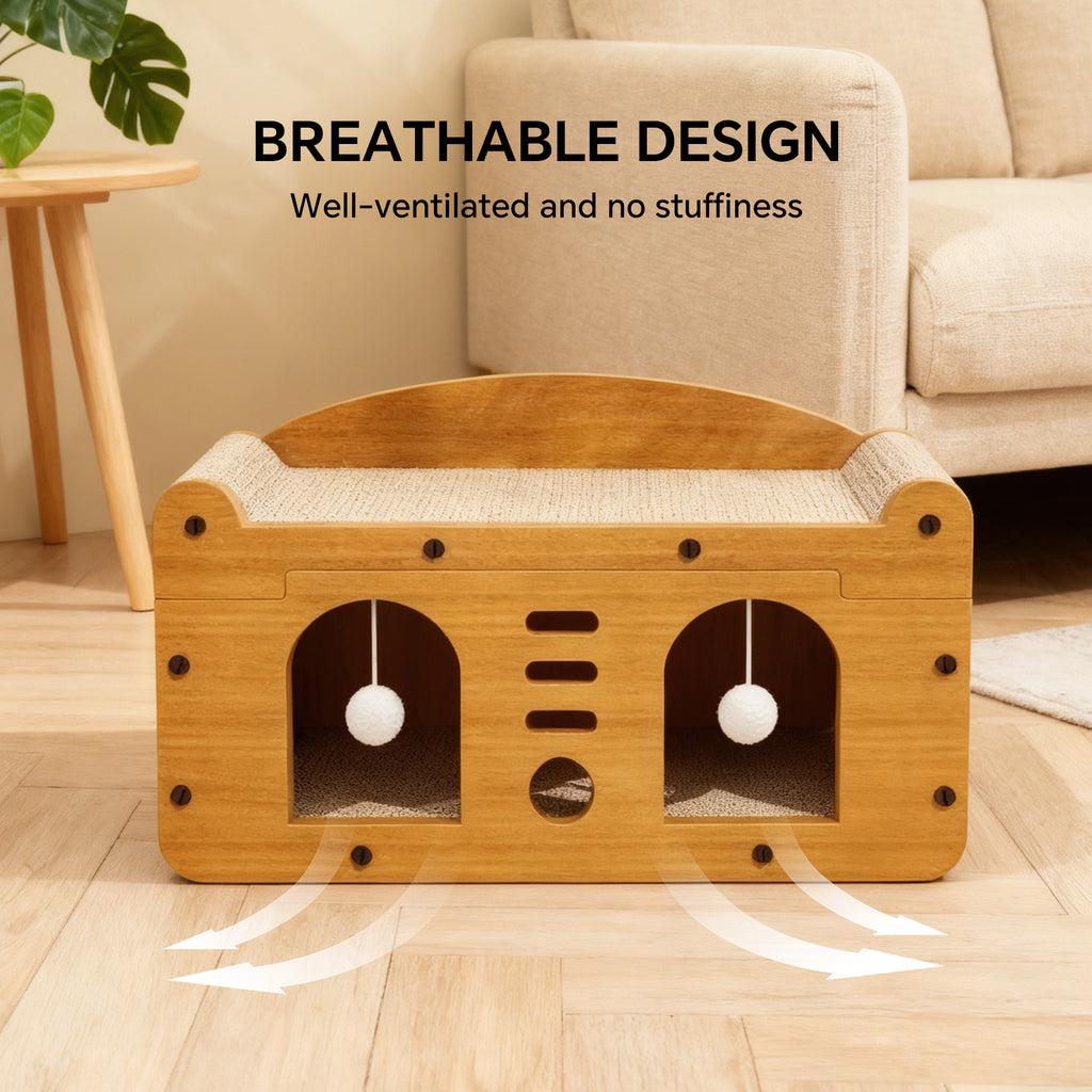 Cat Scratcher House with Bed and Hanging Pom-Pom Toy, Wooden Cat Cave with Corrugated Scratching Board, Sun and Moon Design Cat Hideaway Furniture for Indoor Cats and Kittens