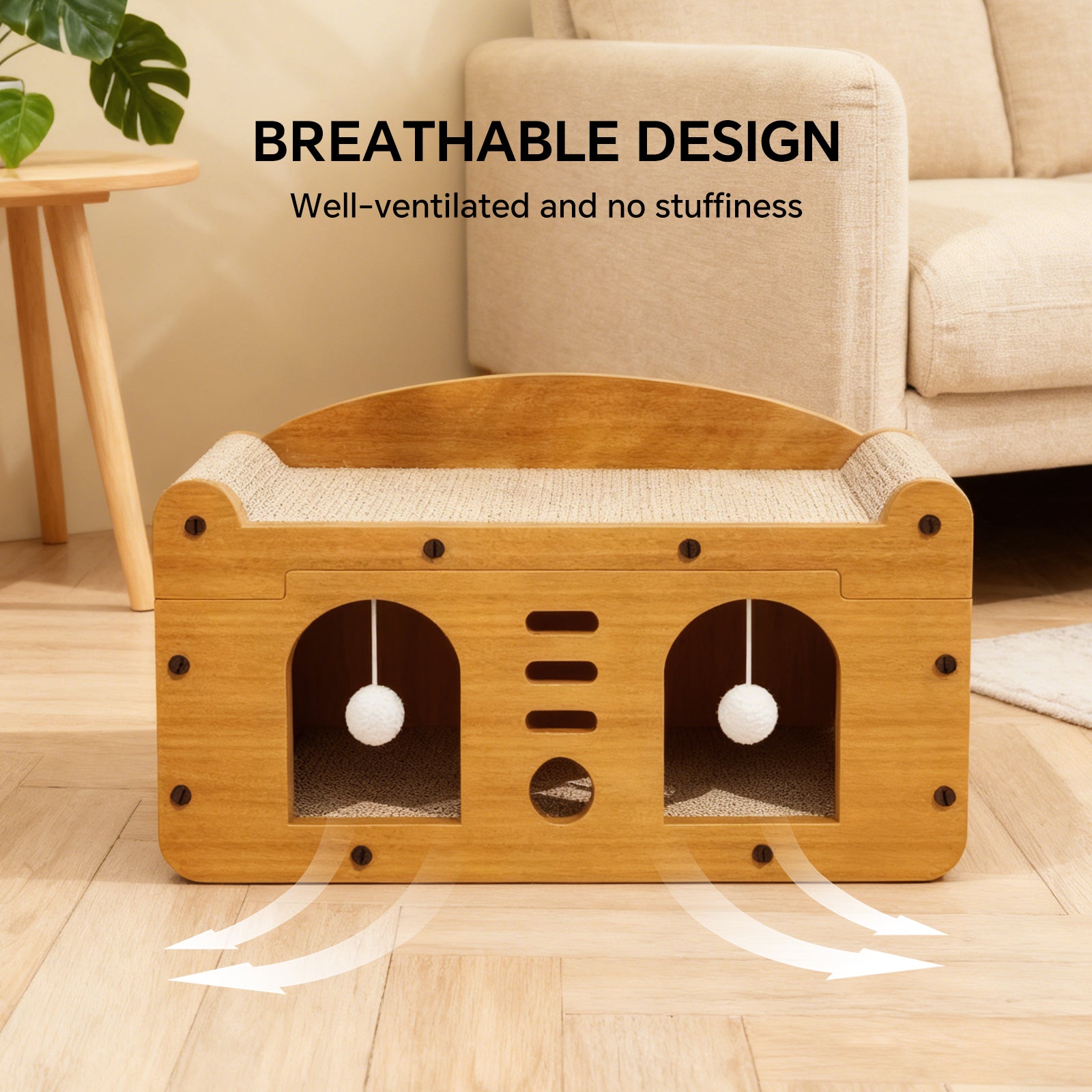 Cat Scratcher House with Bed and Hanging Pom-Pom Toy, Wooden Cat Cave with Corrugated Scratching Board, Sun and Moon Design Cat Hideaway Furniture for Indoor Cats and Kittens