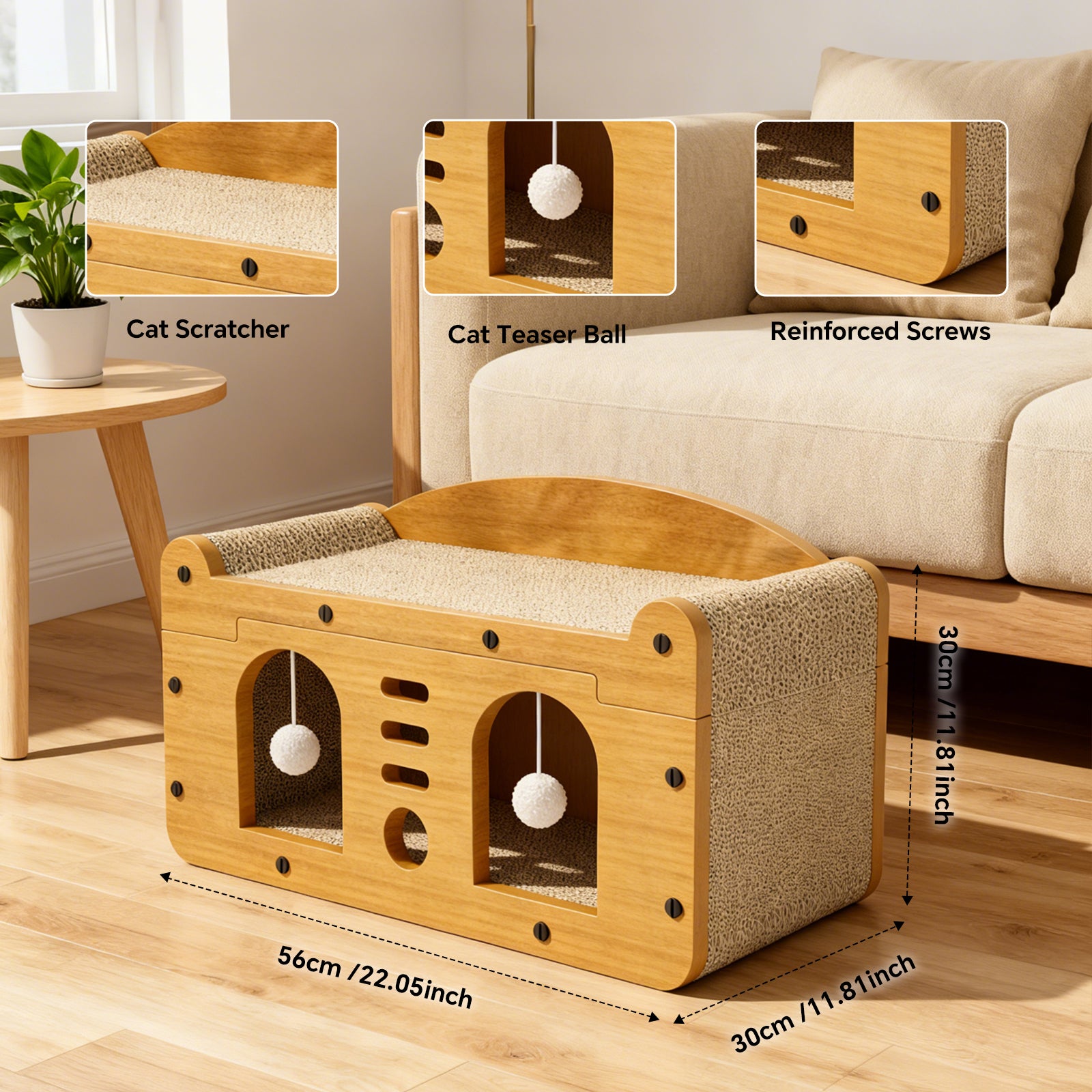 Cat Scratcher House with Bed and Hanging Pom-Pom Toy, Wooden Cat Cave with Corrugated Scratching Board, Sun and Moon Design Cat Hideaway Furniture for Indoor Cats and Kittens