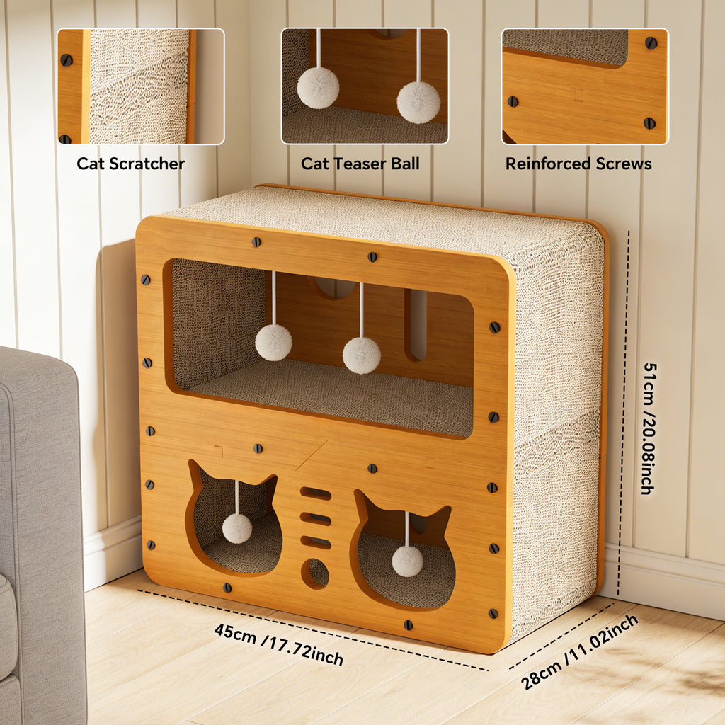 Cat Beds for Indoor Cats，Wooden Cat Scratcher House & Cardboard Condos，Covered Bedsure Kitten Bed Cave Furniture，Cute Playhouse Box，Large Size，Suitable for Cats up to 15 lbs