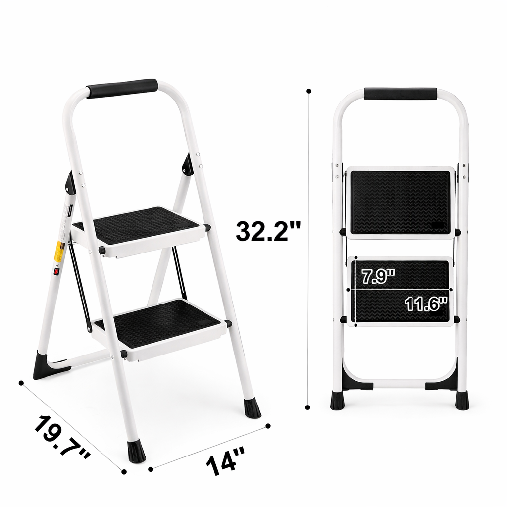 2 Step Ladder, Folding Step Stool with Anti-Slip and Wide Pedal, Lightweight Stepladder with Handrails, Portable for Kitchen, Household, 330LBS, White