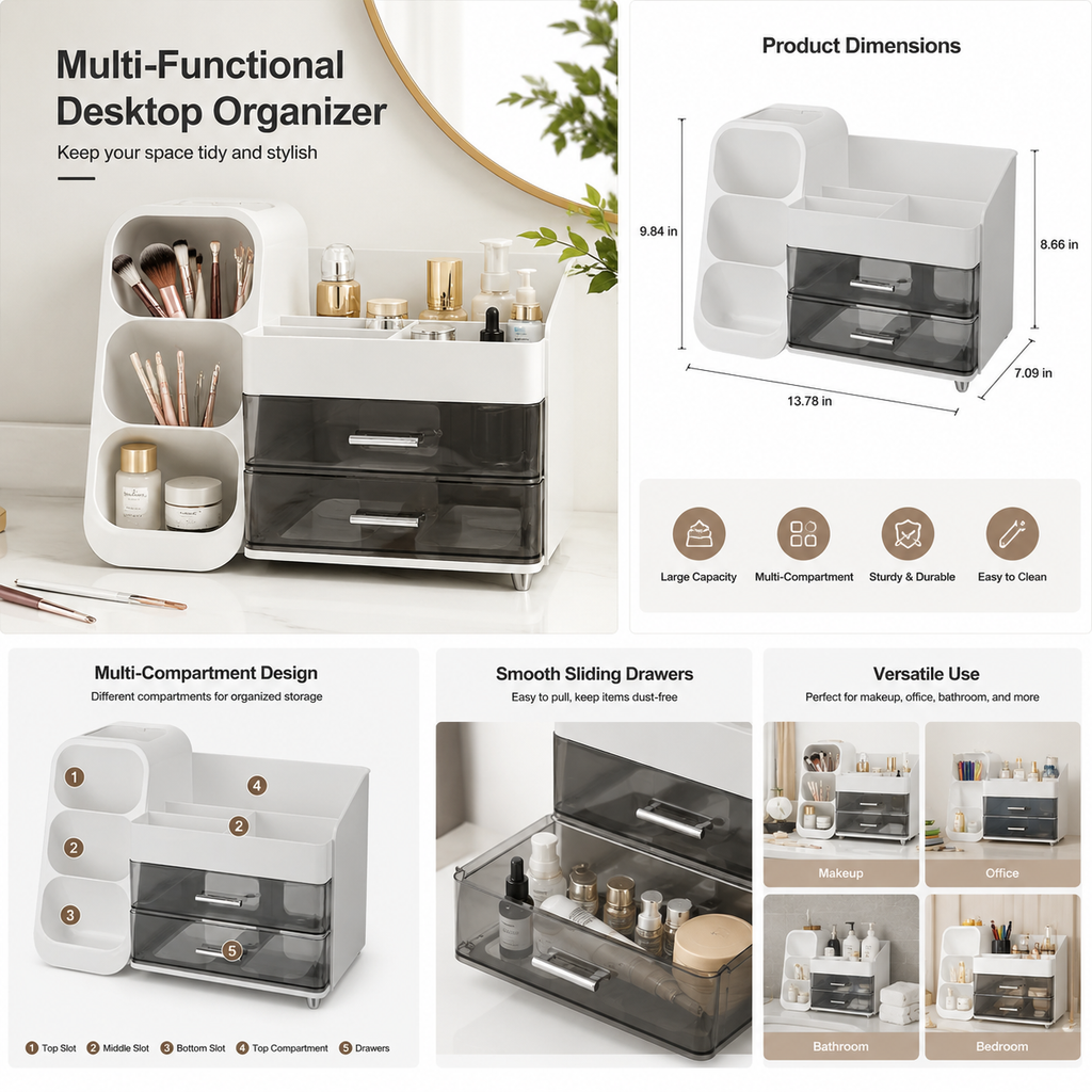 AEELLEEA Large Capacity Makeup Organizer for Vanity, Bathroom Countertop Cosmetic Organizer with Makeup Brush Holder, Skincare & Perfume Storage, Thickened Material
