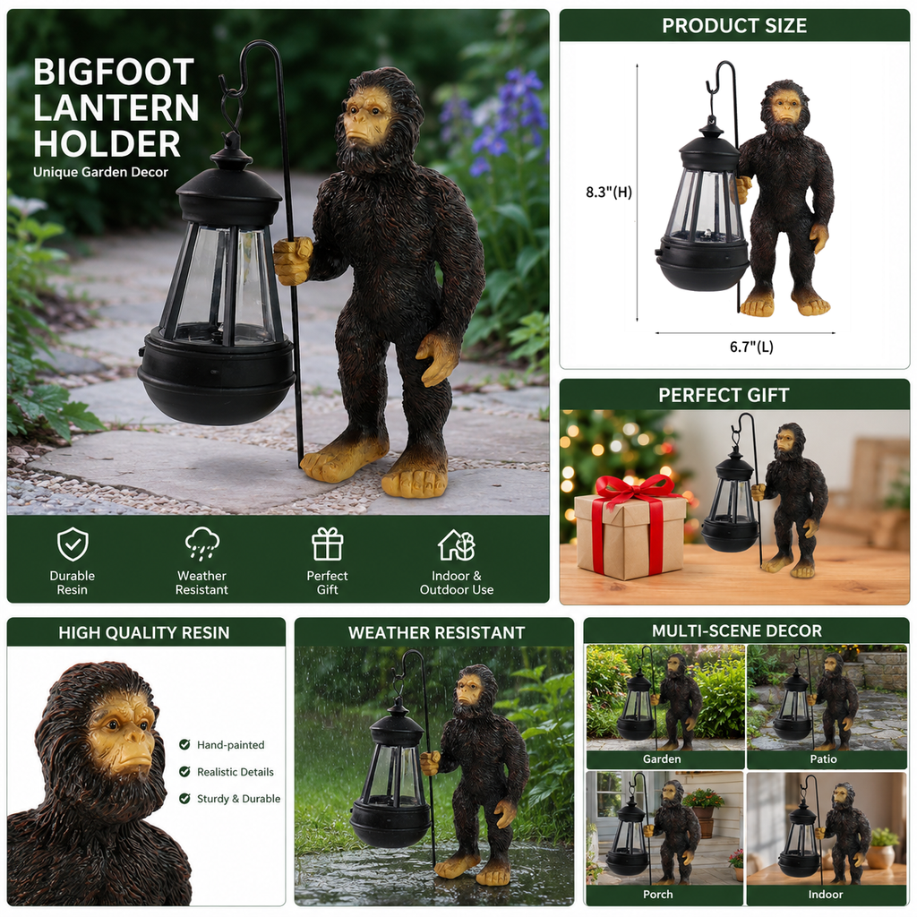 Bigfoot Garden Statue with Solar Lantern, Outdoor Sasquatch Yard Decor for Front Porch Patio Lawn, Waterproof Resin Bigfoot Gift