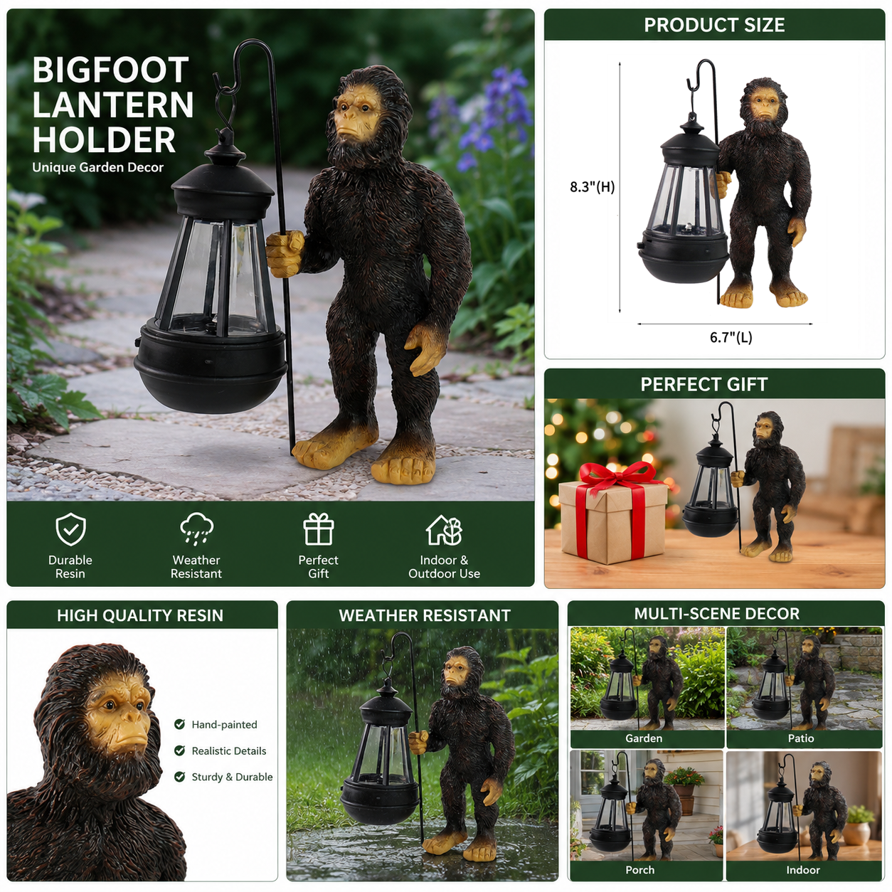 Bigfoot Garden Statue with Solar Lantern, Outdoor Sasquatch Yard Decor for Front Porch Patio Lawn, Waterproof Resin Bigfoot Gift