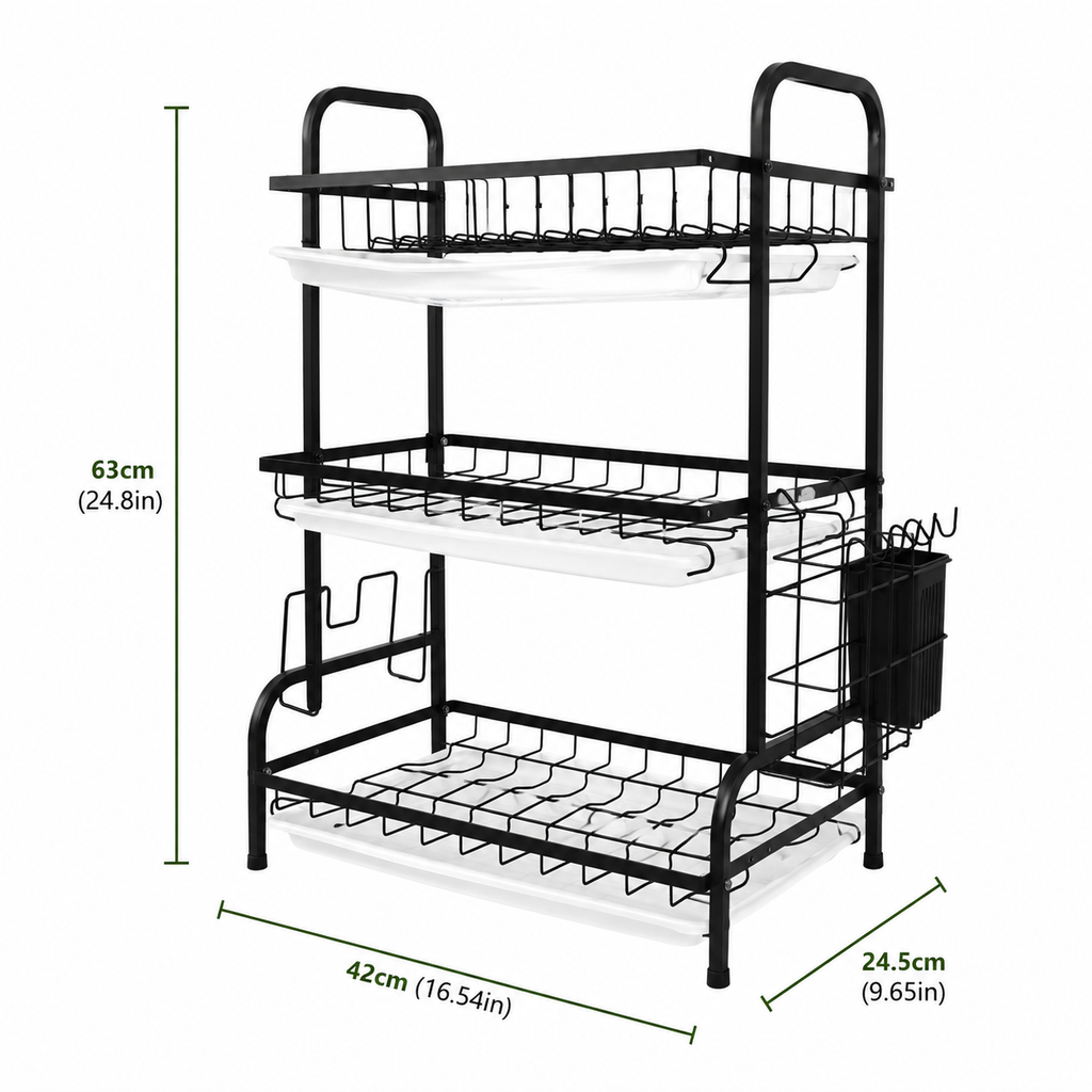 3-Tier Dish Drying Rack with Drain Tray & Utensil Holder, Kitchen Countertop Organizer for Plates, Bowls, Cups & Cutlery Storage
