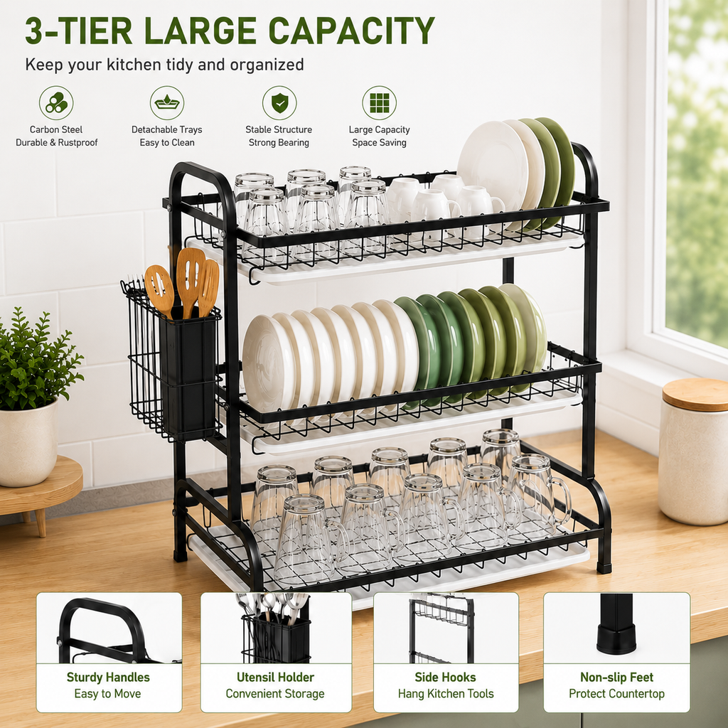 3-Tier Dish Drying Rack with Drain Tray & Utensil Holder, Kitchen Countertop Organizer for Plates, Bowls, Cups & Cutlery Storage