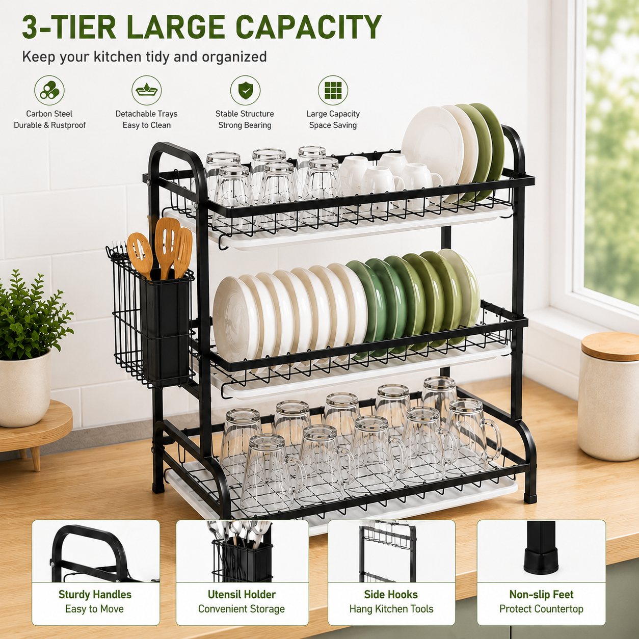 3-Tier Dish Drying Rack with Drain Tray & Utensil Holder, Kitchen Countertop Organizer for Plates, Bowls, Cups & Cutlery Storage
