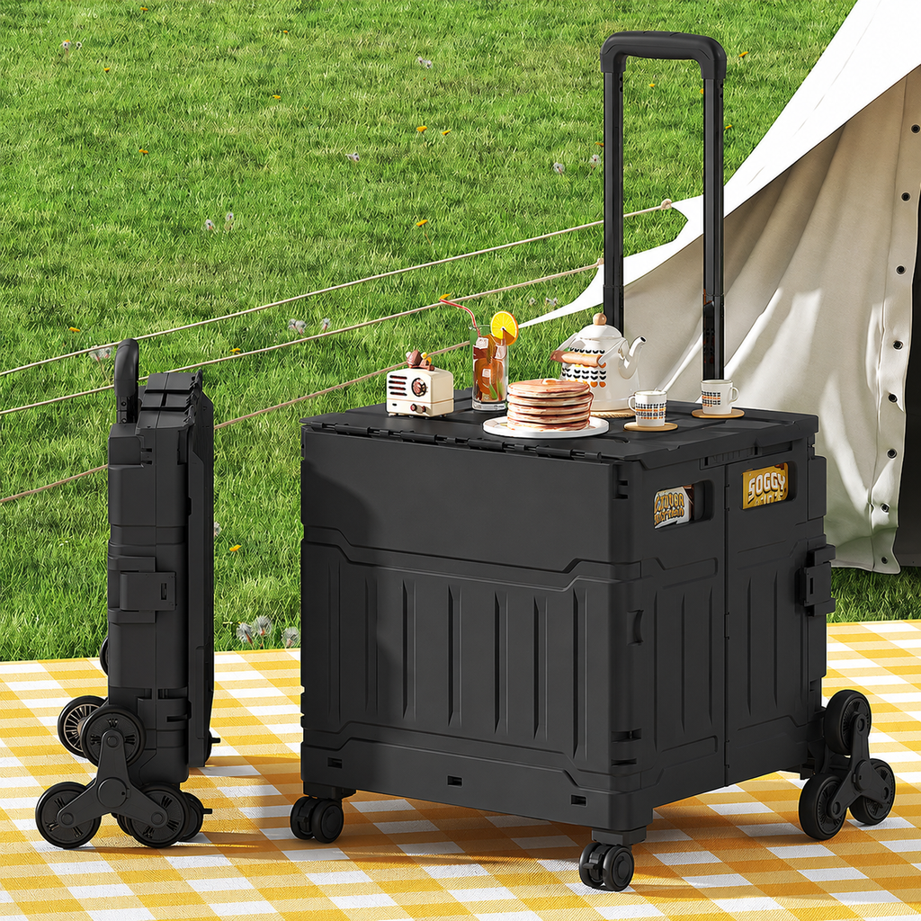 AEELLEEA Foldable Utility Cart with Lid, Portable Rolling Crate with Telescopic Handle & Stair Climbing Wheels, Collapsible Shopping Cart for Grocery, Picnic & Camping