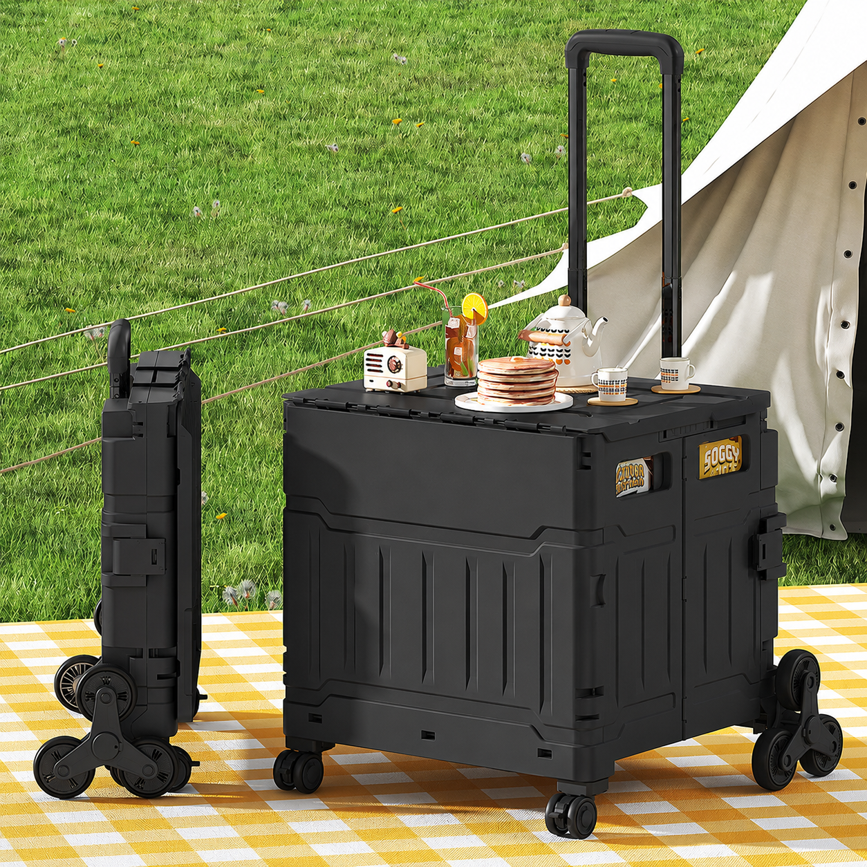 AEELLEEA Foldable Utility Cart with Lid, Portable Rolling Crate with Telescopic Handle & Stair Climbing Wheels, Collapsible Shopping Cart for Grocery, Picnic & Camping