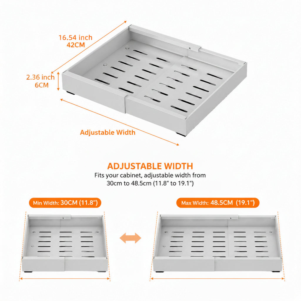 Pull Out Cabinet Organizer, No Drill Adhesive Slide Out Drawer for Kitchen Cabinets, Expandable Pantry Shelf Organizer with Adhesive or Screw Mount Installation