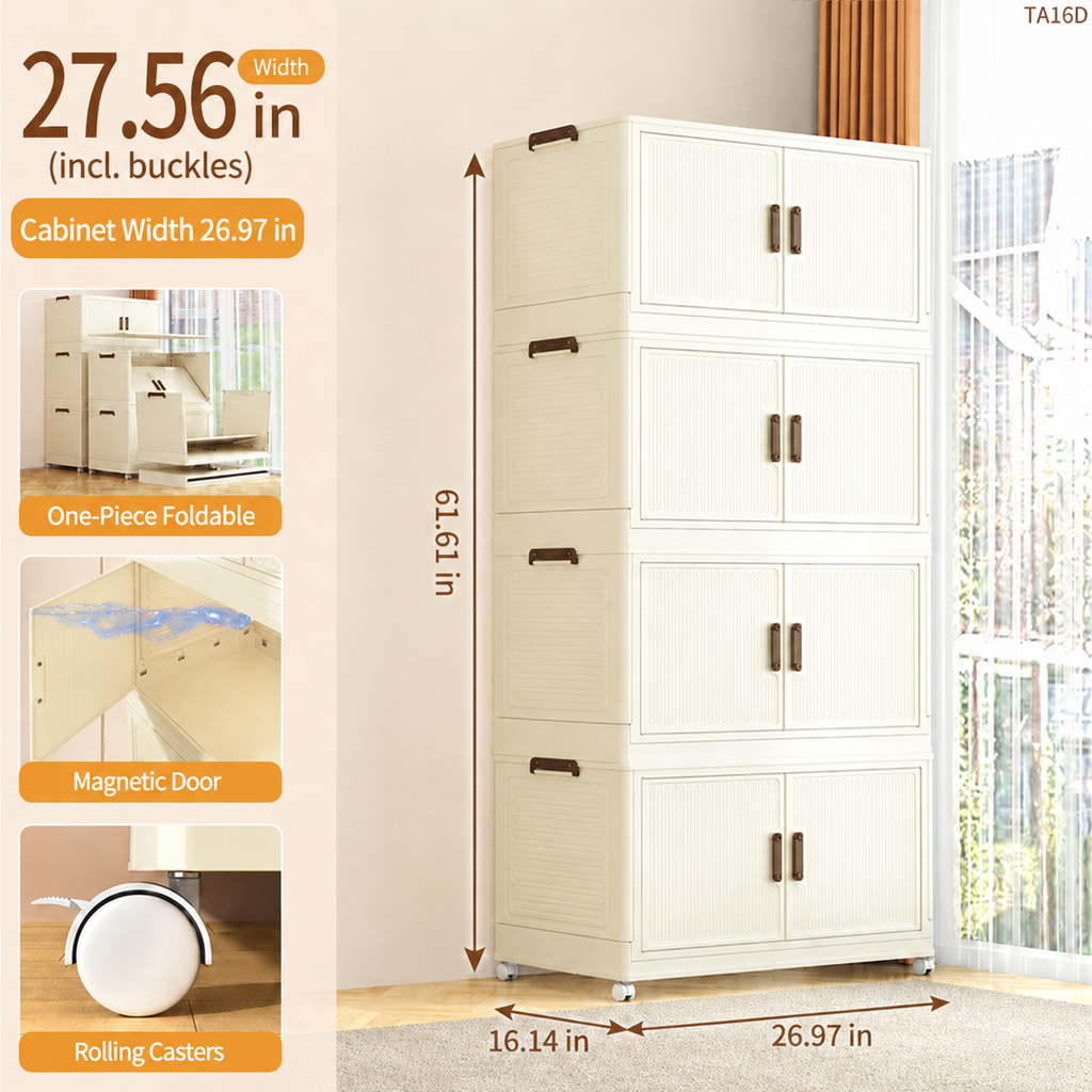 27.6" Foldable Storage Cabinet with Magnetic Doors & Rolling Casters - Cream