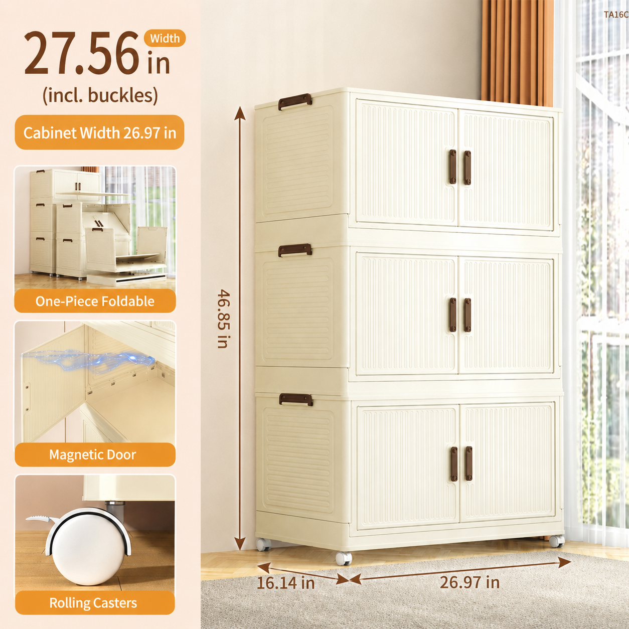 27.6" Foldable Storage Cabinet with Magnetic Doors & Rolling Casters - Cream