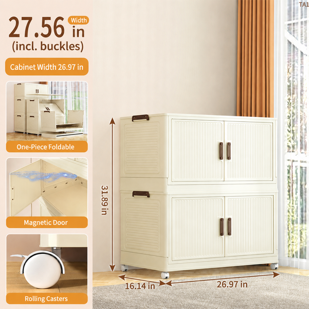 27.6" Foldable Storage Cabinet with Magnetic Doors & Rolling Casters - Cream