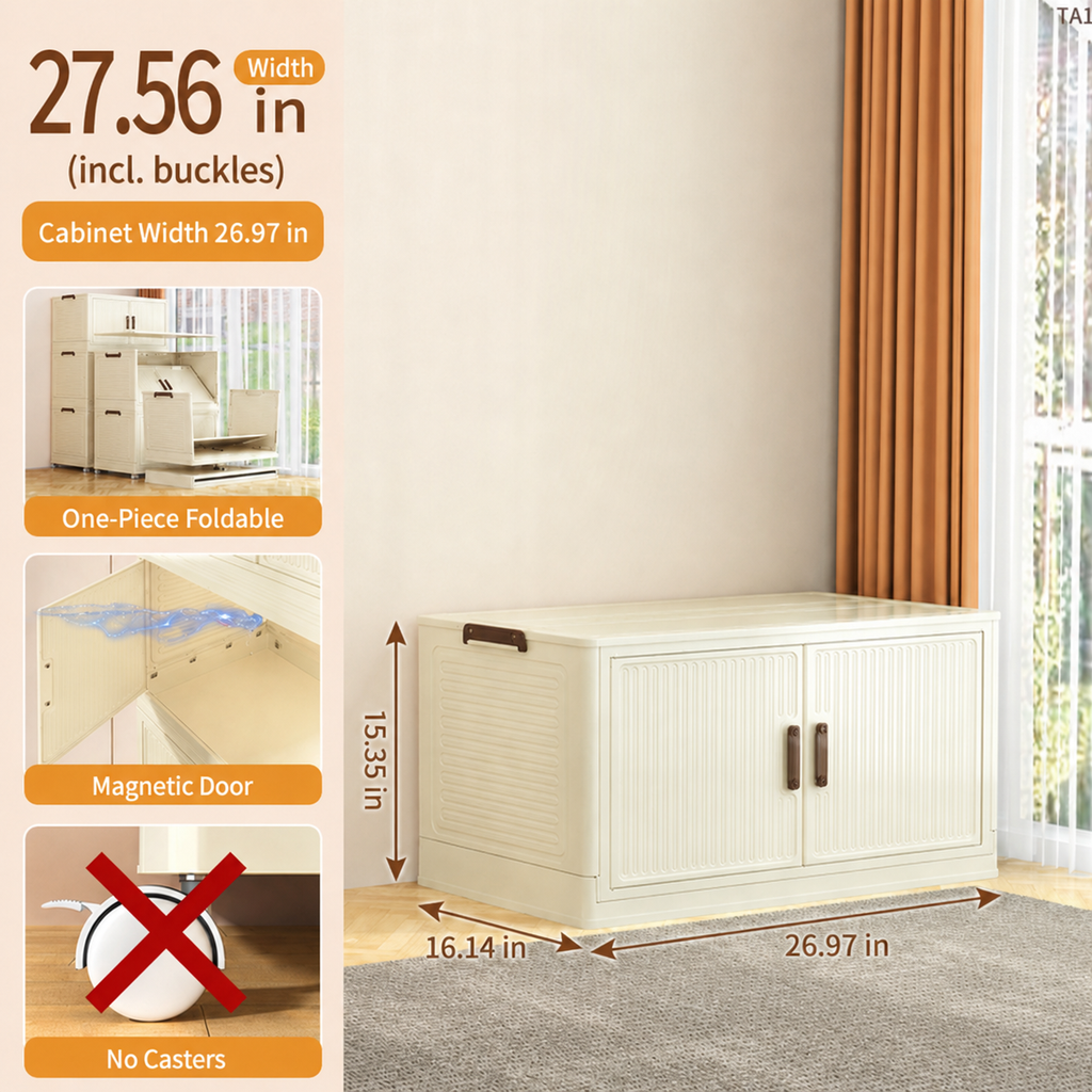 27.6" Foldable Storage Cabinet with Magnetic Doors & Rolling Casters - Cream