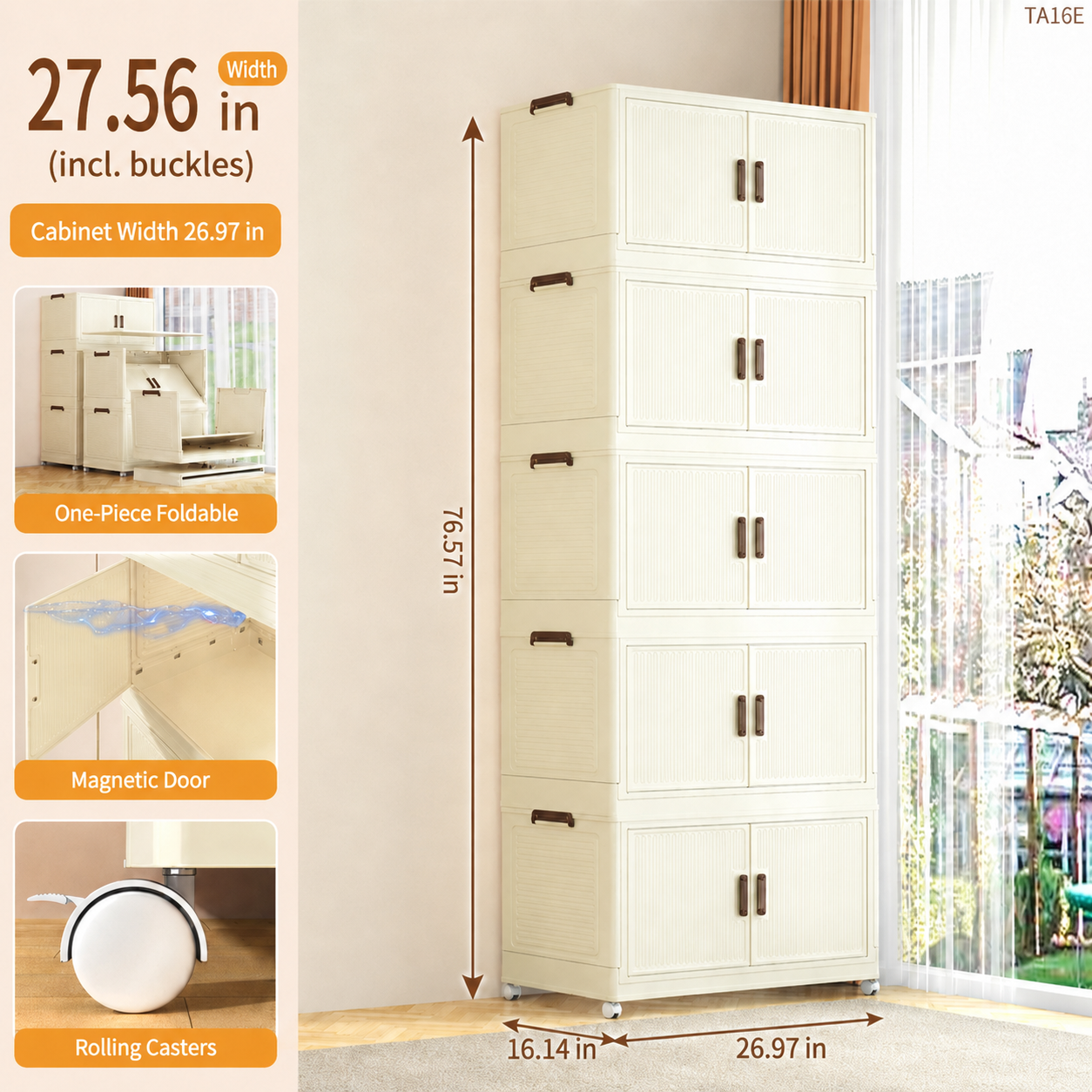 27.6" Foldable Storage Cabinet with Magnetic Doors & Rolling Casters - Cream