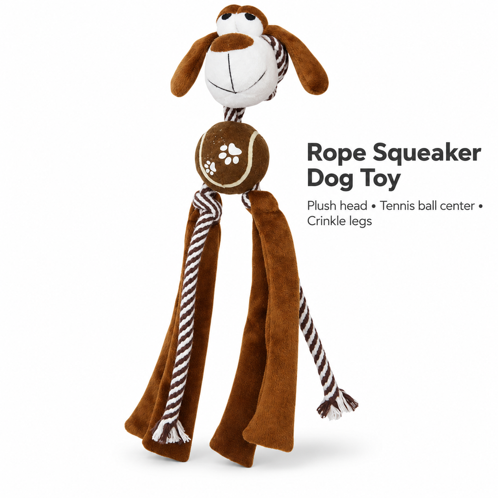 Squeaky Plush Dog Toy with Rope Tug Legs, Crinkle Texture & Tennis Ball Center for Interactive Indoor Outdoor Play, 13.39 in