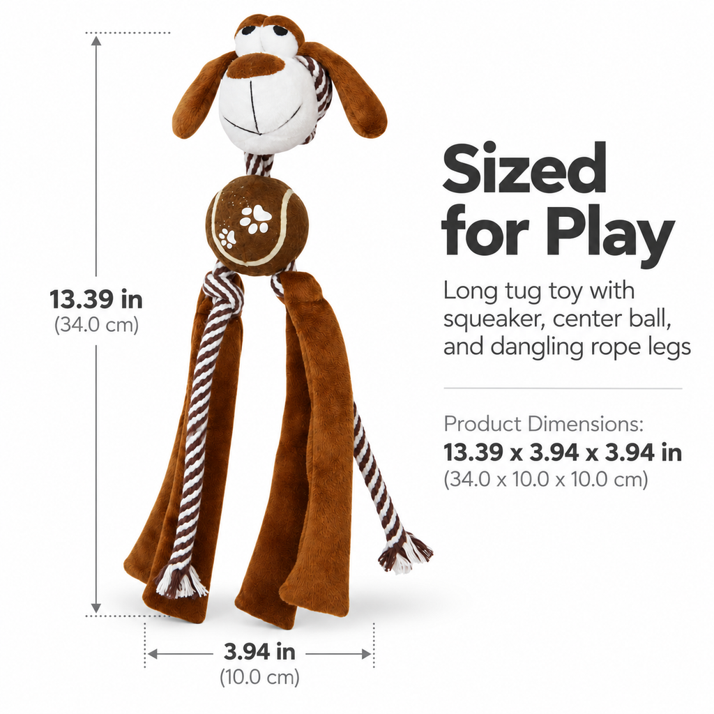 Squeaky Plush Dog Toy with Rope Tug Legs, Crinkle Texture & Tennis Ball Center for Interactive Indoor Outdoor Play, 13.39 in