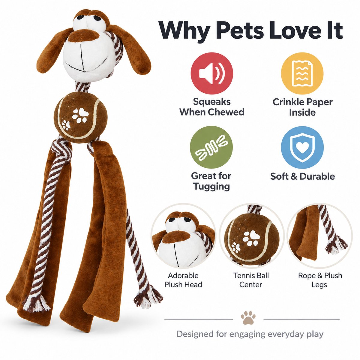 Squeaky Plush Dog Toy with Rope Tug Legs, Crinkle Texture & Tennis Ball Center for Interactive Indoor Outdoor Play, 13.39 in