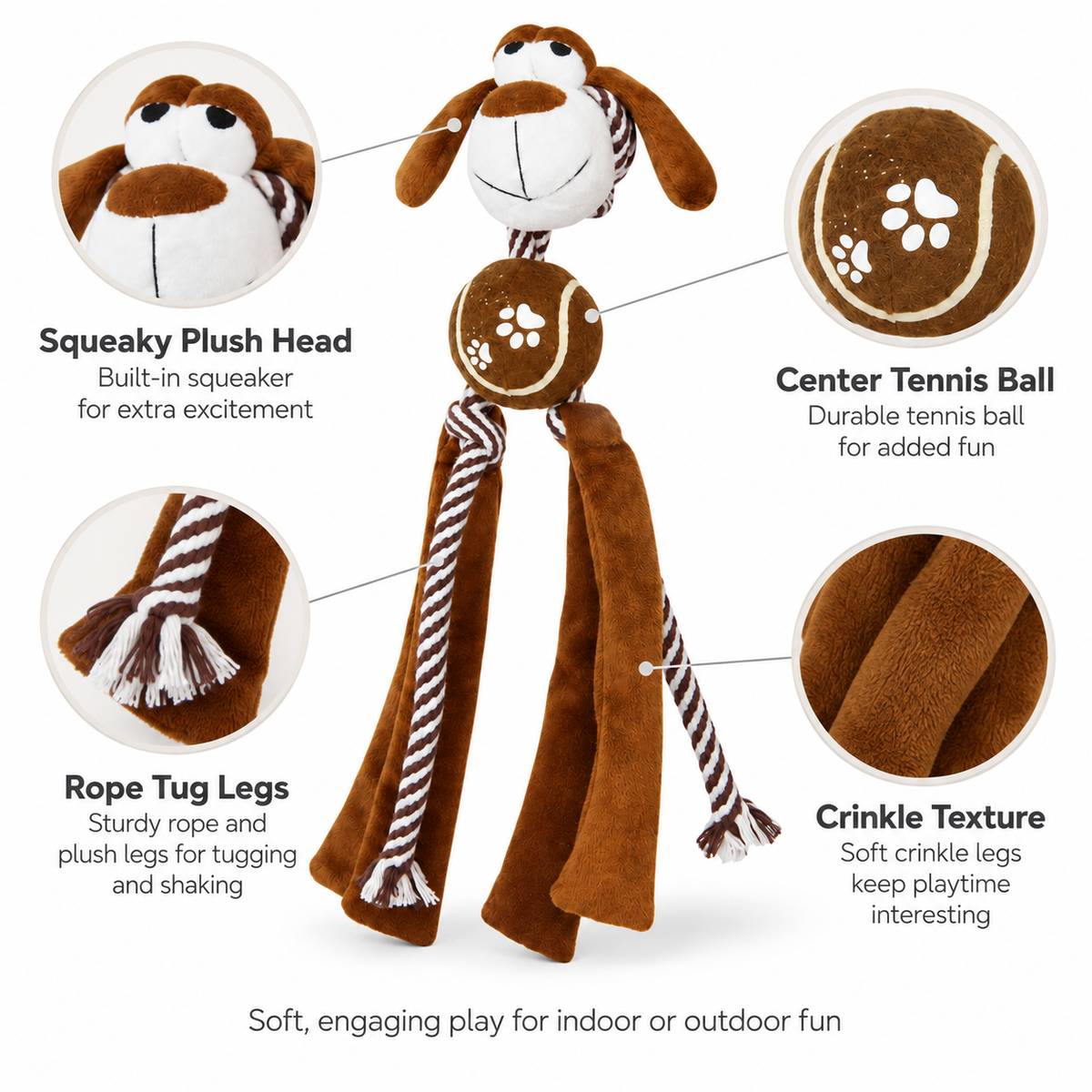 Squeaky Plush Dog Toy with Rope Tug Legs, Crinkle Texture & Tennis Ball Center for Interactive Indoor Outdoor Play, 13.39 in