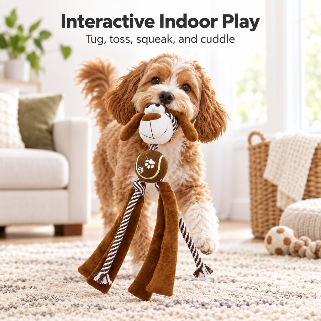 Squeaky Plush Dog Toy with Rope Tug Legs, Crinkle Texture & Tennis Ball Center for Interactive Indoor Outdoor Play, 13.39 in