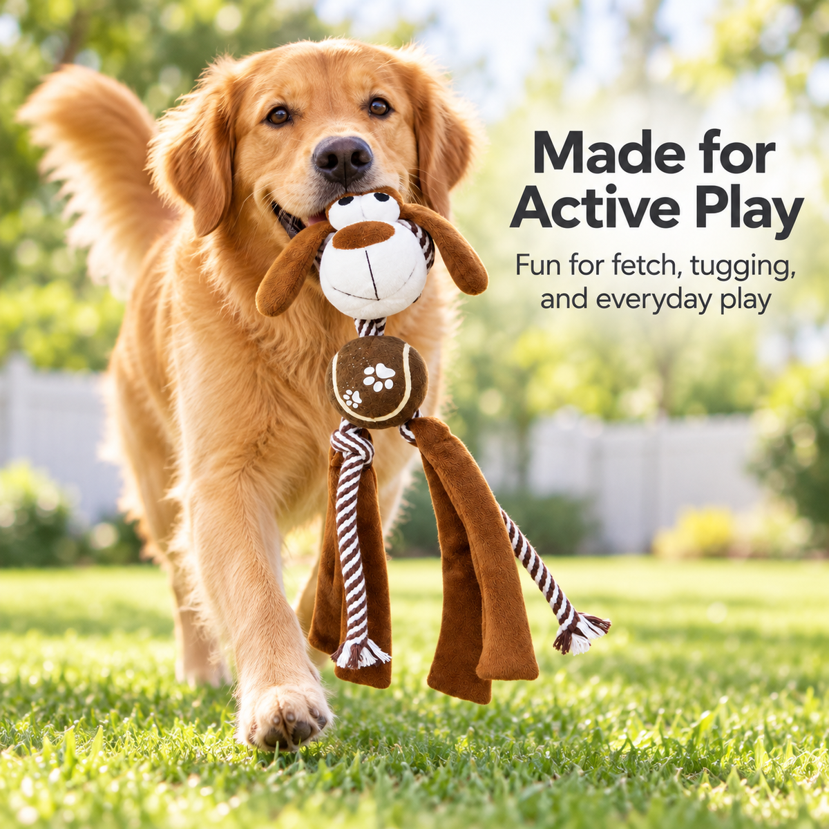 Squeaky Plush Dog Toy with Rope Tug Legs, Crinkle Texture & Tennis Ball Center for Interactive Indoor Outdoor Play, 13.39 in