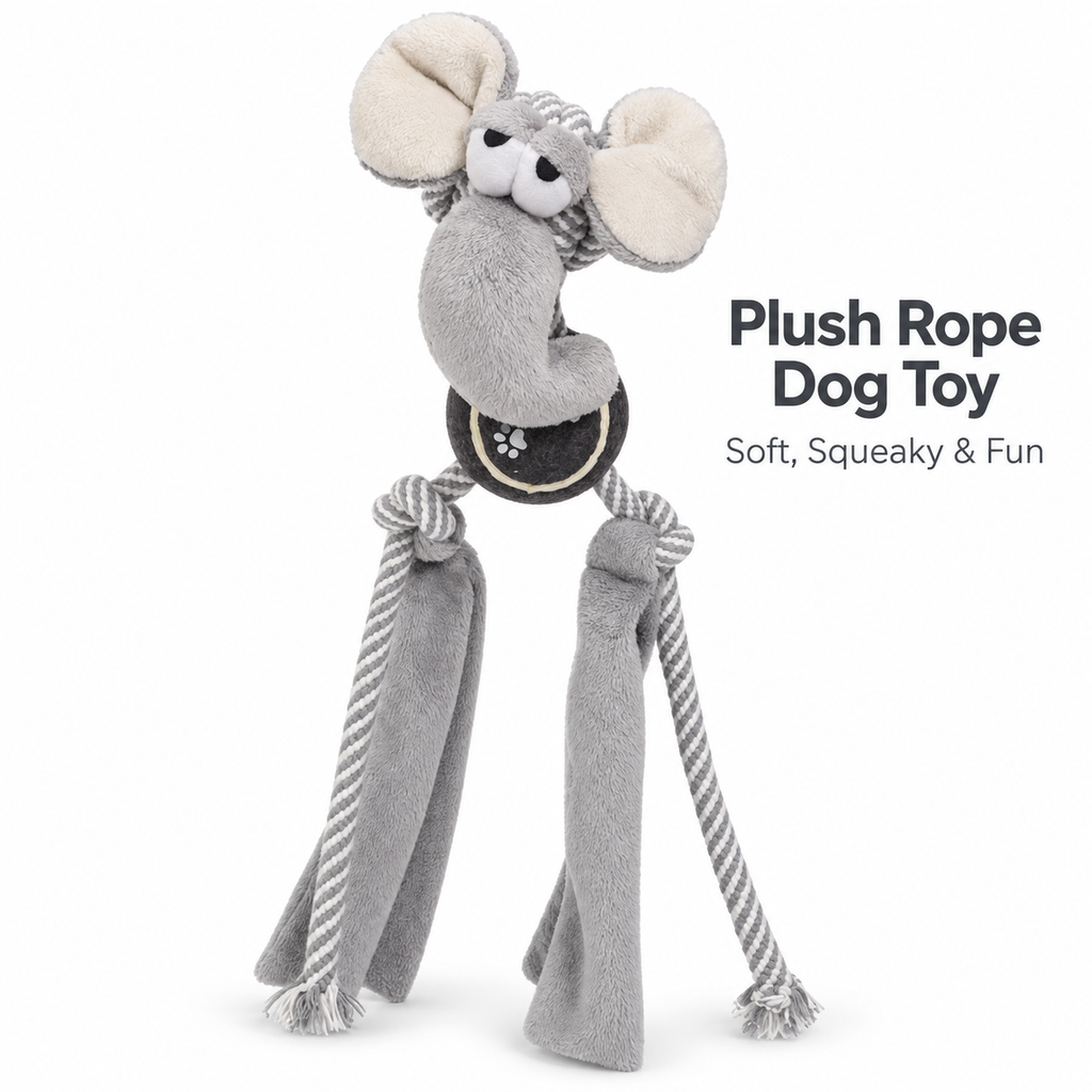 Squeaky Plush Dog Toy with Rope Tug Legs, Crinkle Texture & Tennis Ball Center for Interactive Indoor Outdoor Play, 13.39 in