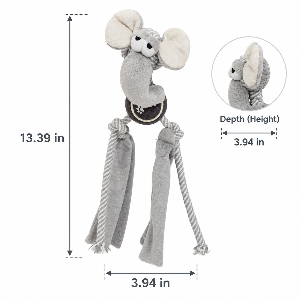 Squeaky Plush Dog Toy with Rope Tug Legs, Crinkle Texture & Tennis Ball Center for Interactive Indoor Outdoor Play, 13.39 in