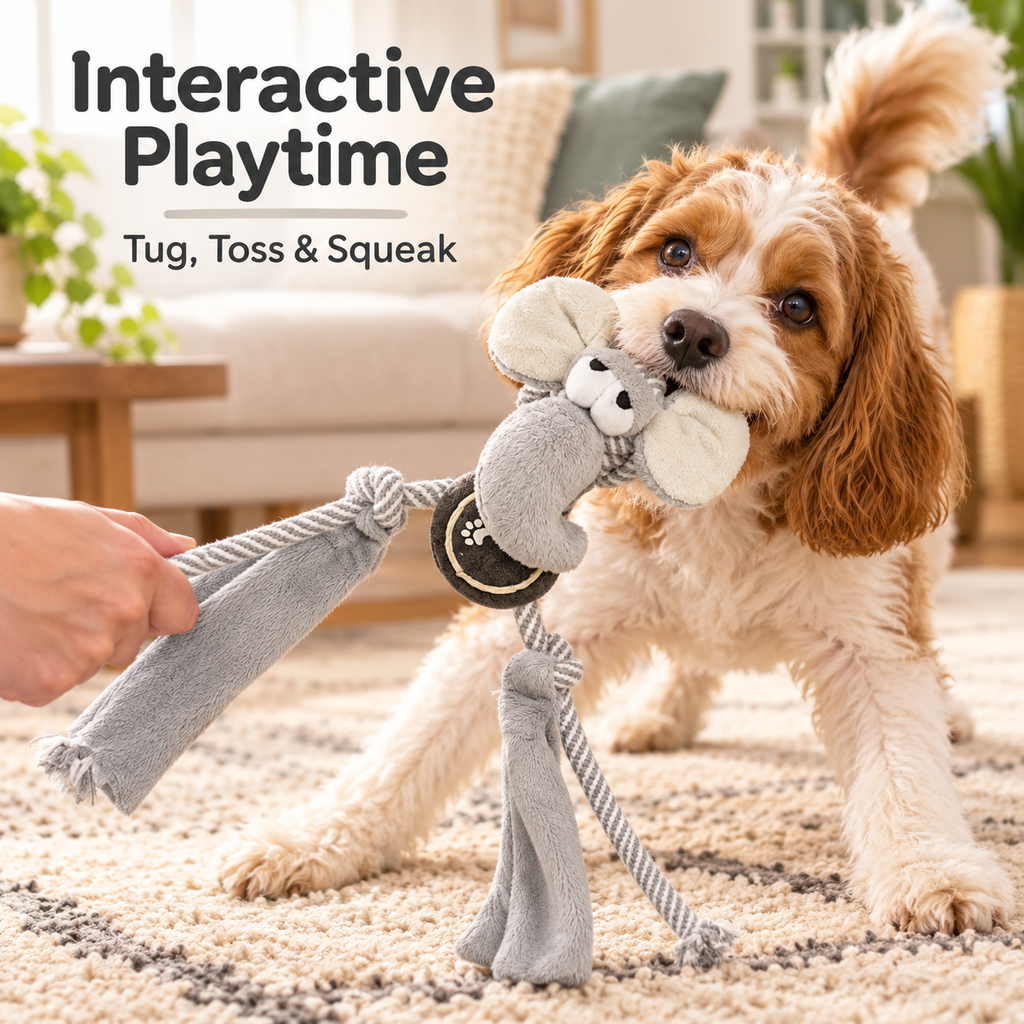 Squeaky Plush Dog Toy with Rope Tug Legs, Crinkle Texture & Tennis Ball Center for Interactive Indoor Outdoor Play, 13.39 in