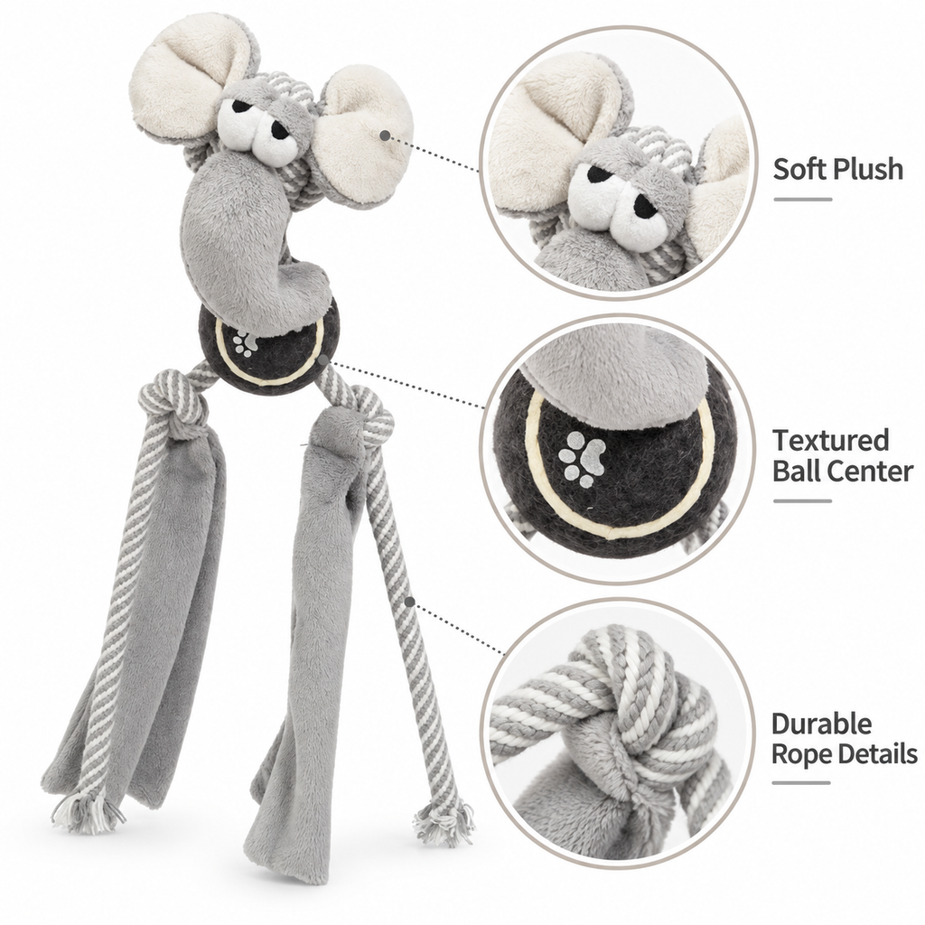 Squeaky Plush Dog Toy with Rope Tug Legs, Crinkle Texture & Tennis Ball Center for Interactive Indoor Outdoor Play, 13.39 in